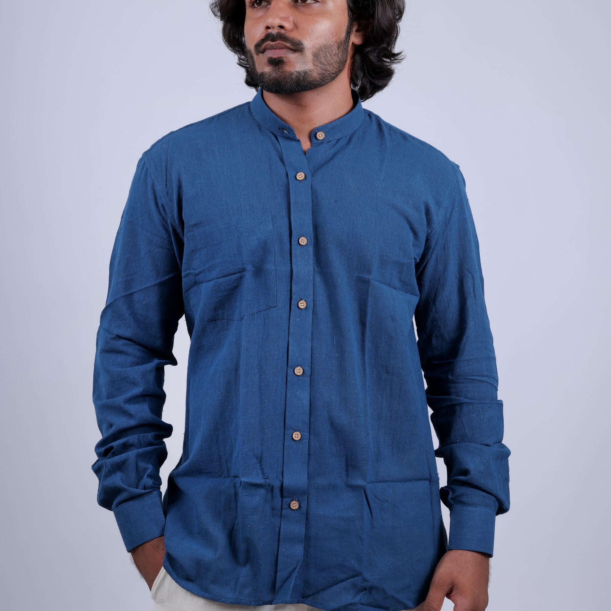 Kala Cotton Indigo Mendarin Full Sleeves Shirt