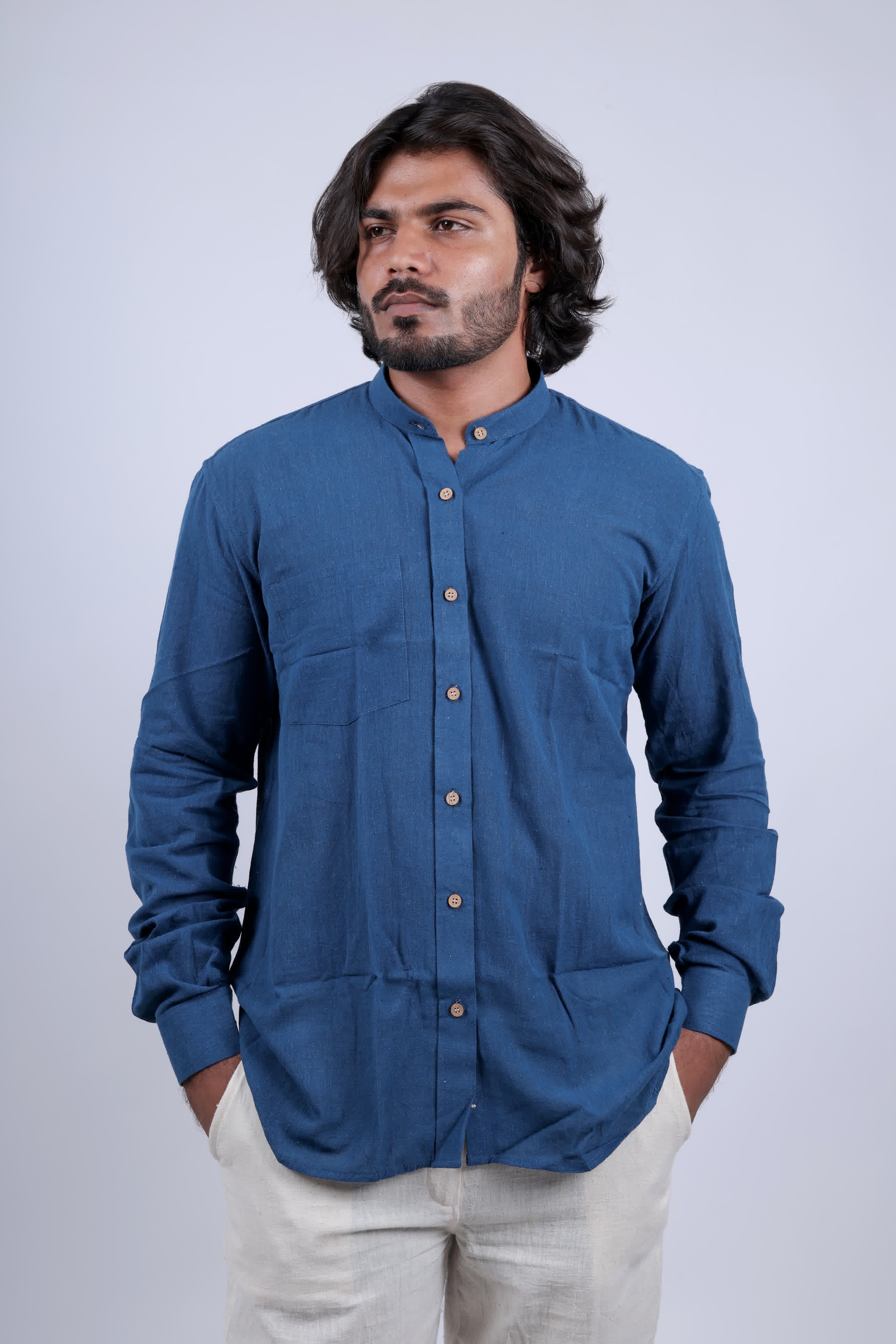 Kala Cotton Indigo Mendarin Full Sleeves Shirt