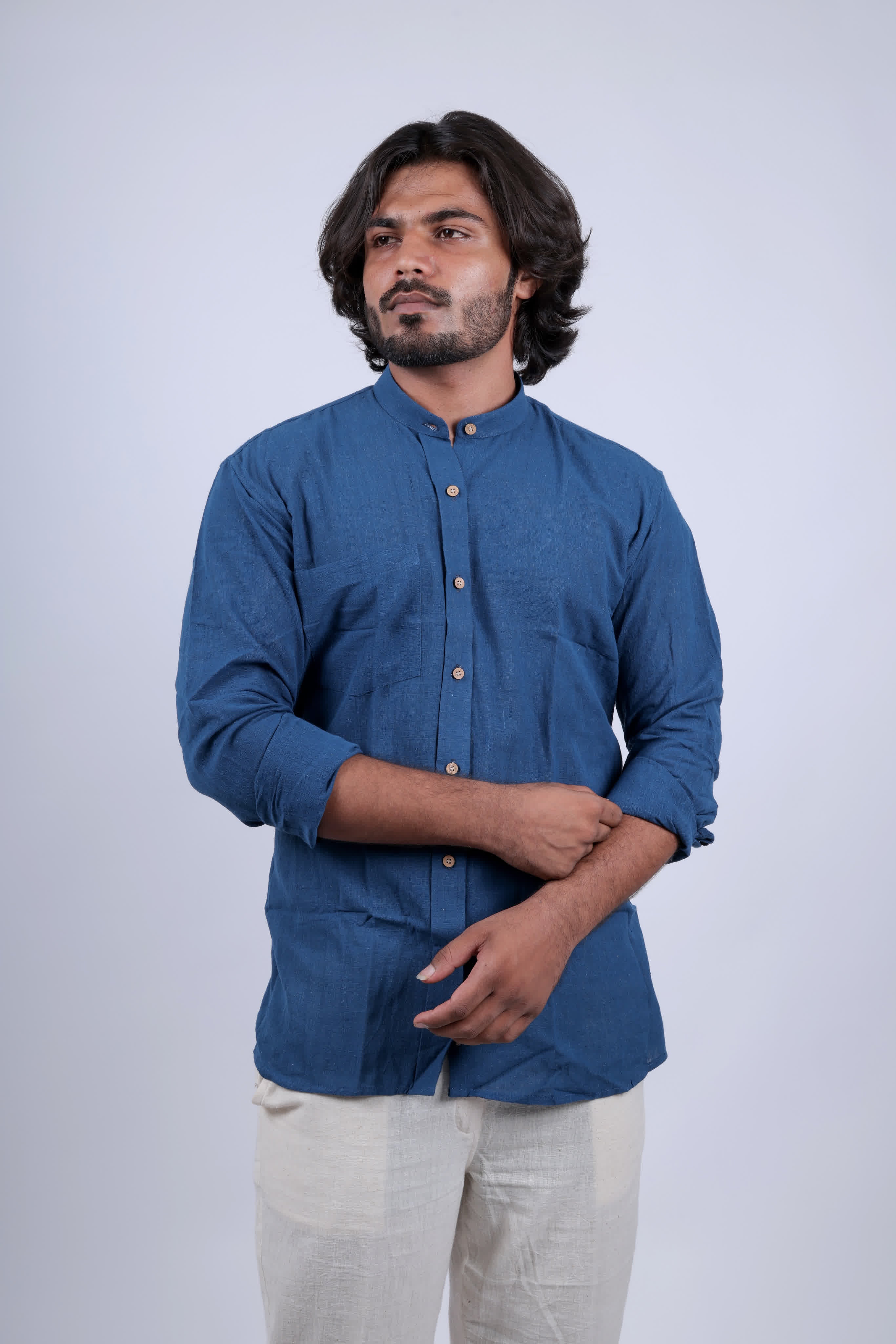 Kala Cotton Indigo Mendarin Full Sleeves Shirt