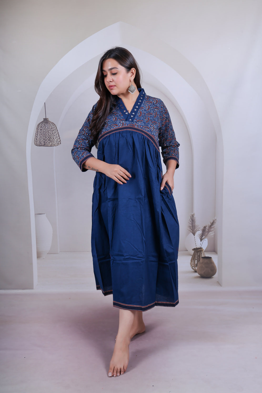 Kasis Ajarakh Mirror Cotton V Neck One Piece