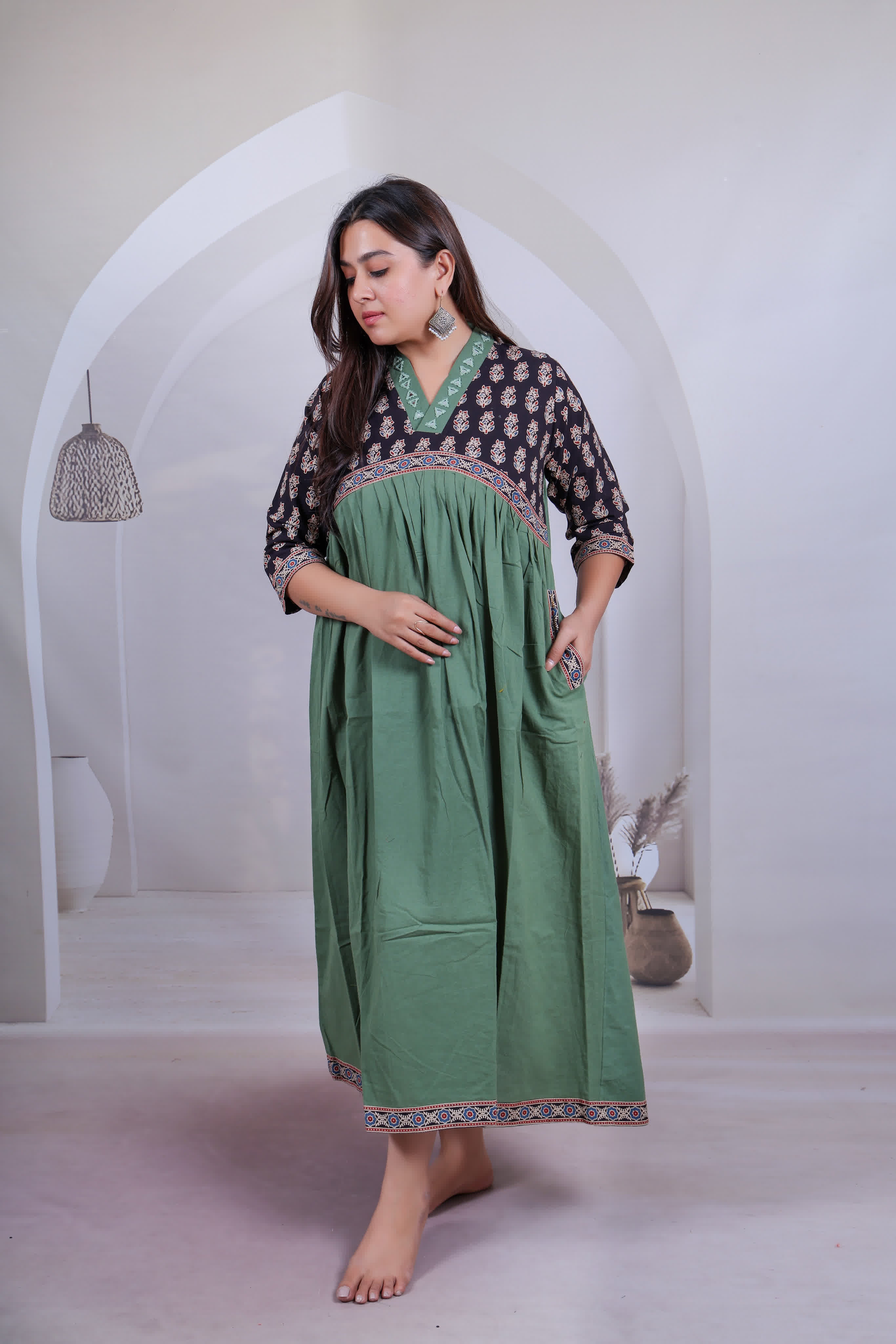 Kasis Ajarakh Mirror Cotton V Neck One Piece