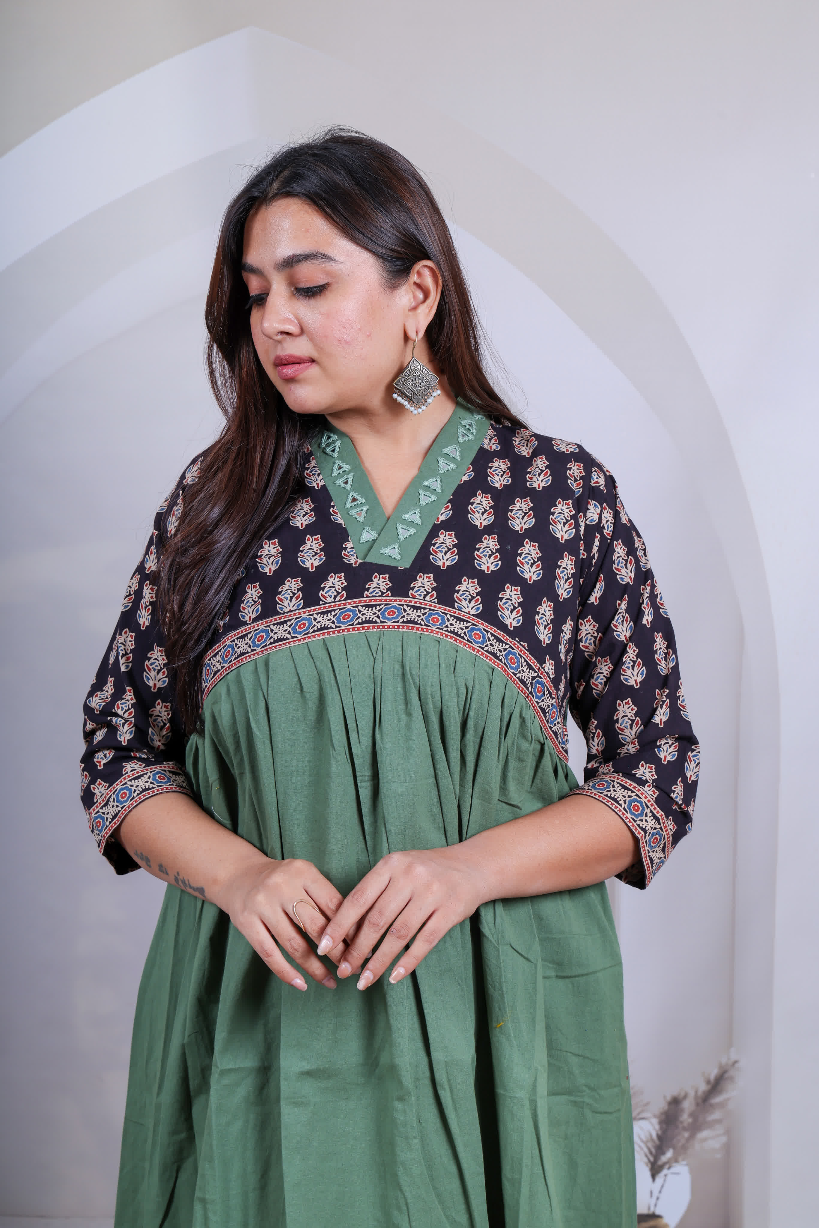 Kasis Ajarakh Mirror Cotton V Neck One Piece