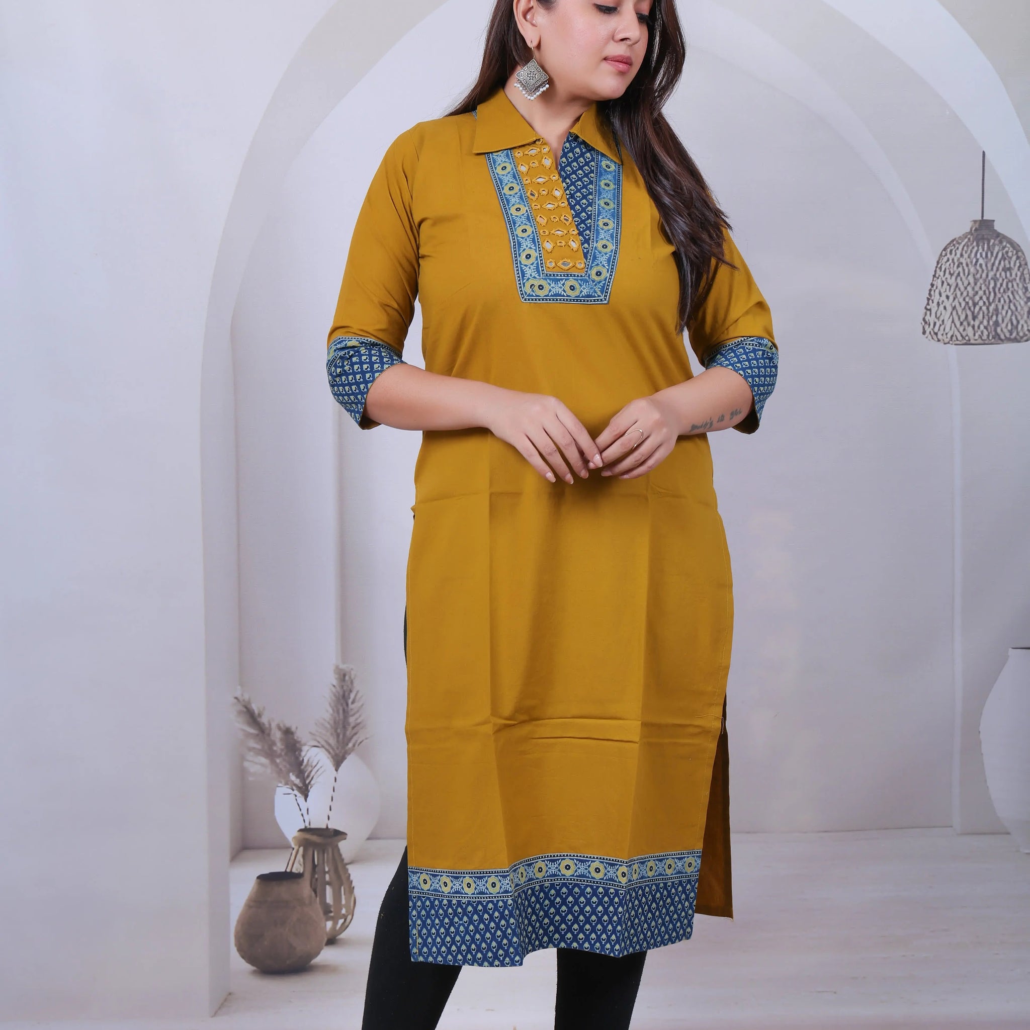 Avantika Mustard Cotton Collar Mirror Ajarakh Kurti RAKHIYO