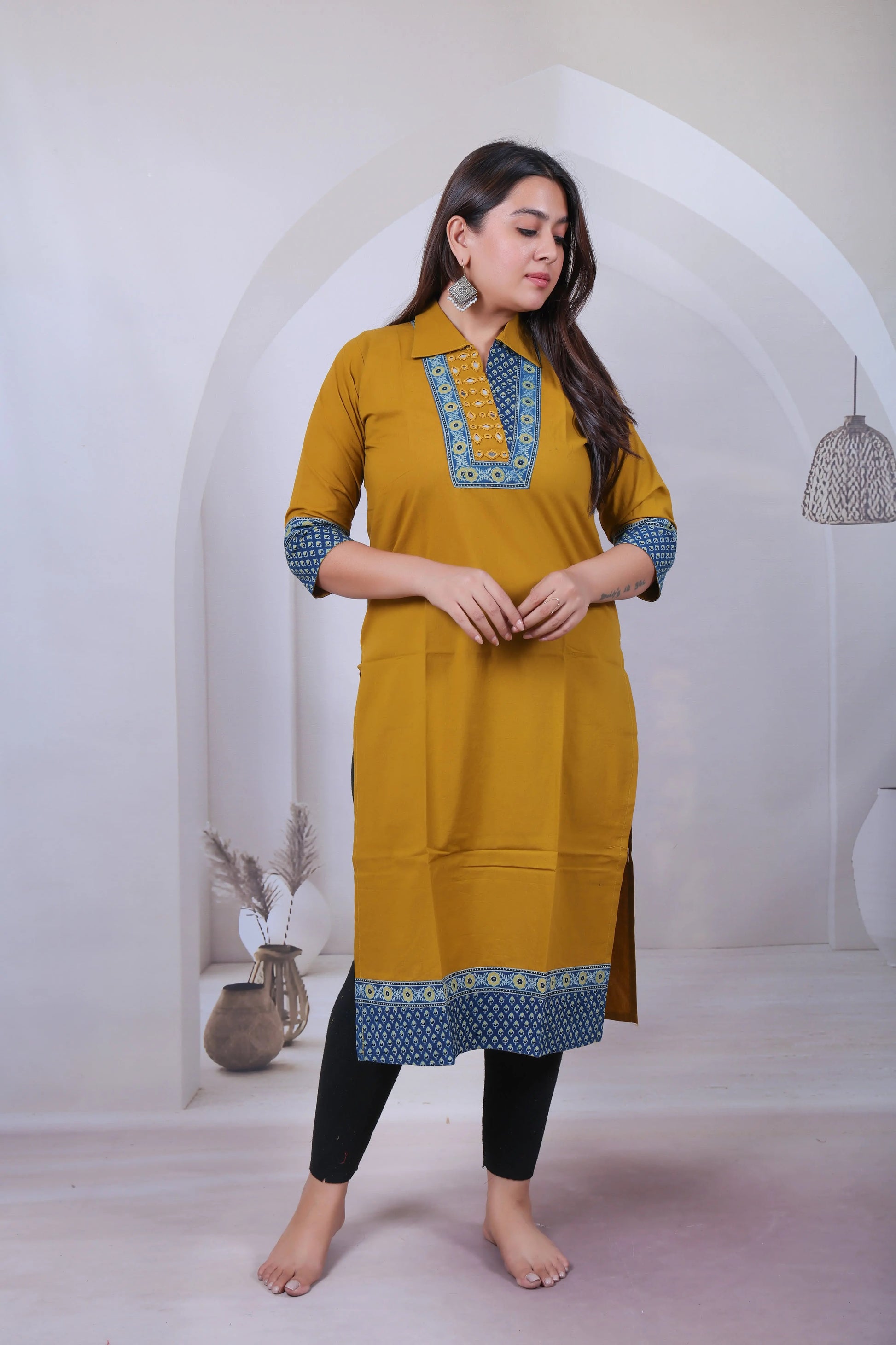 Avantika Mustard Cotton Collar Mirror Ajarakh Kurti RAKHIYO