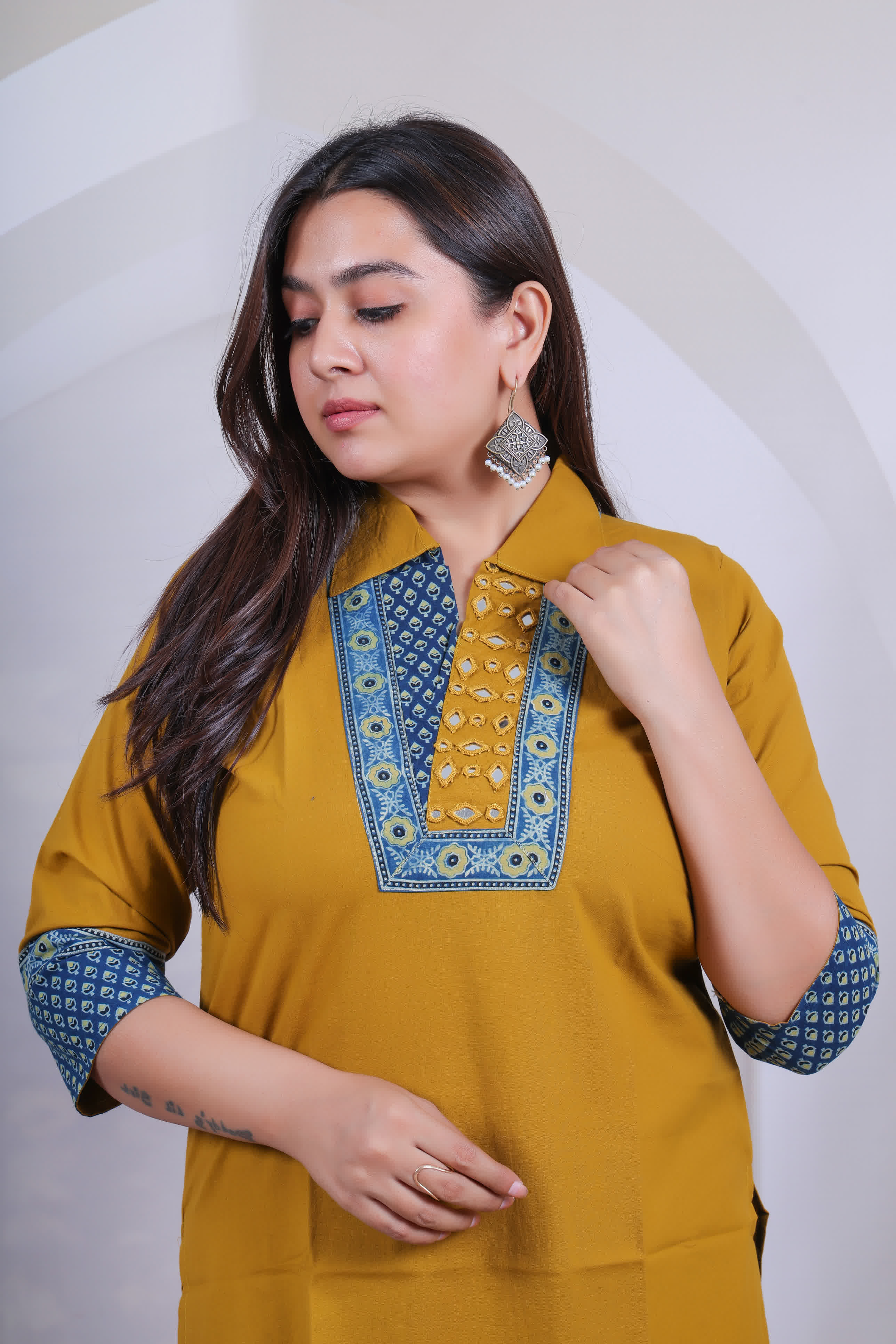 Avantika Cotton Collar Mirror Ajarakh Kurti