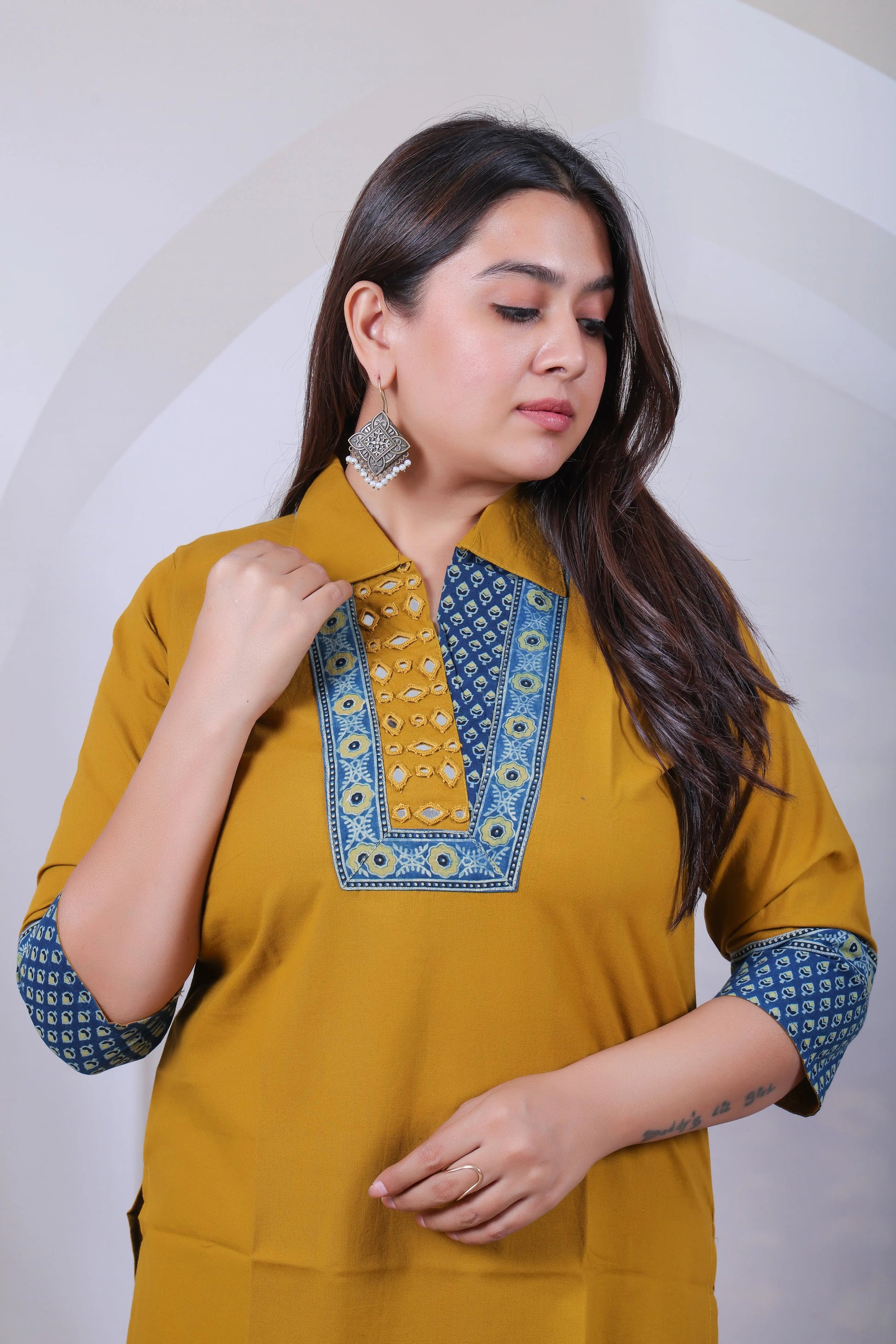Avantika Mustard Cotton Collar Mirror Ajarakh Kurti RAKHIYO