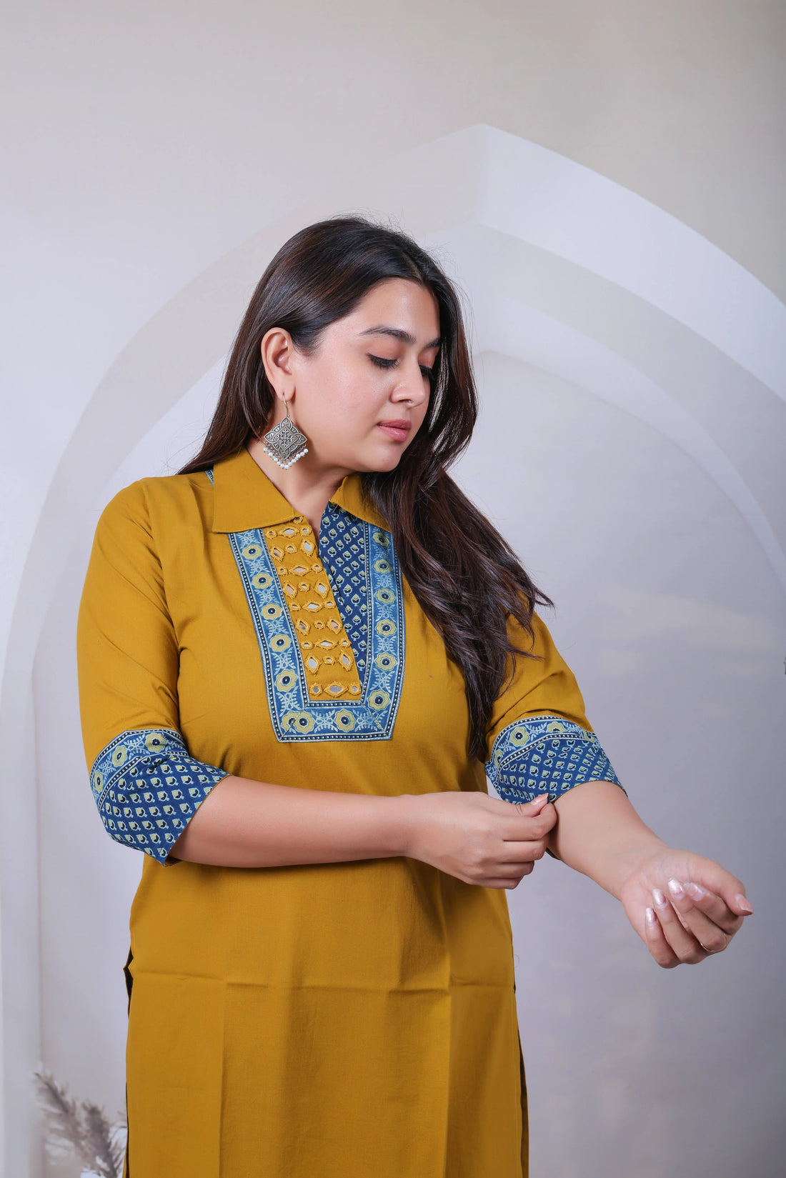 Avantika Mustard Cotton Collar Mirror Ajarakh Kurti RAKHIYO