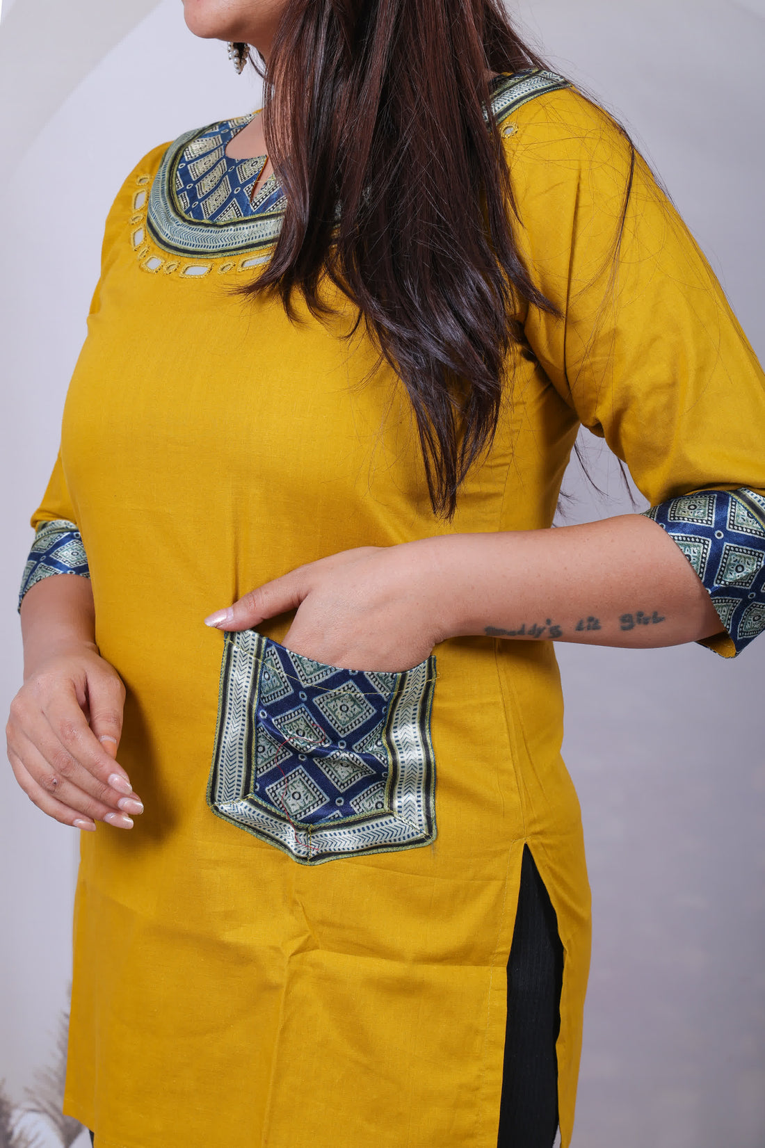 Mustard Navya Ajarakh Mirror Pocket U Neck Short Top RAKHIYO
