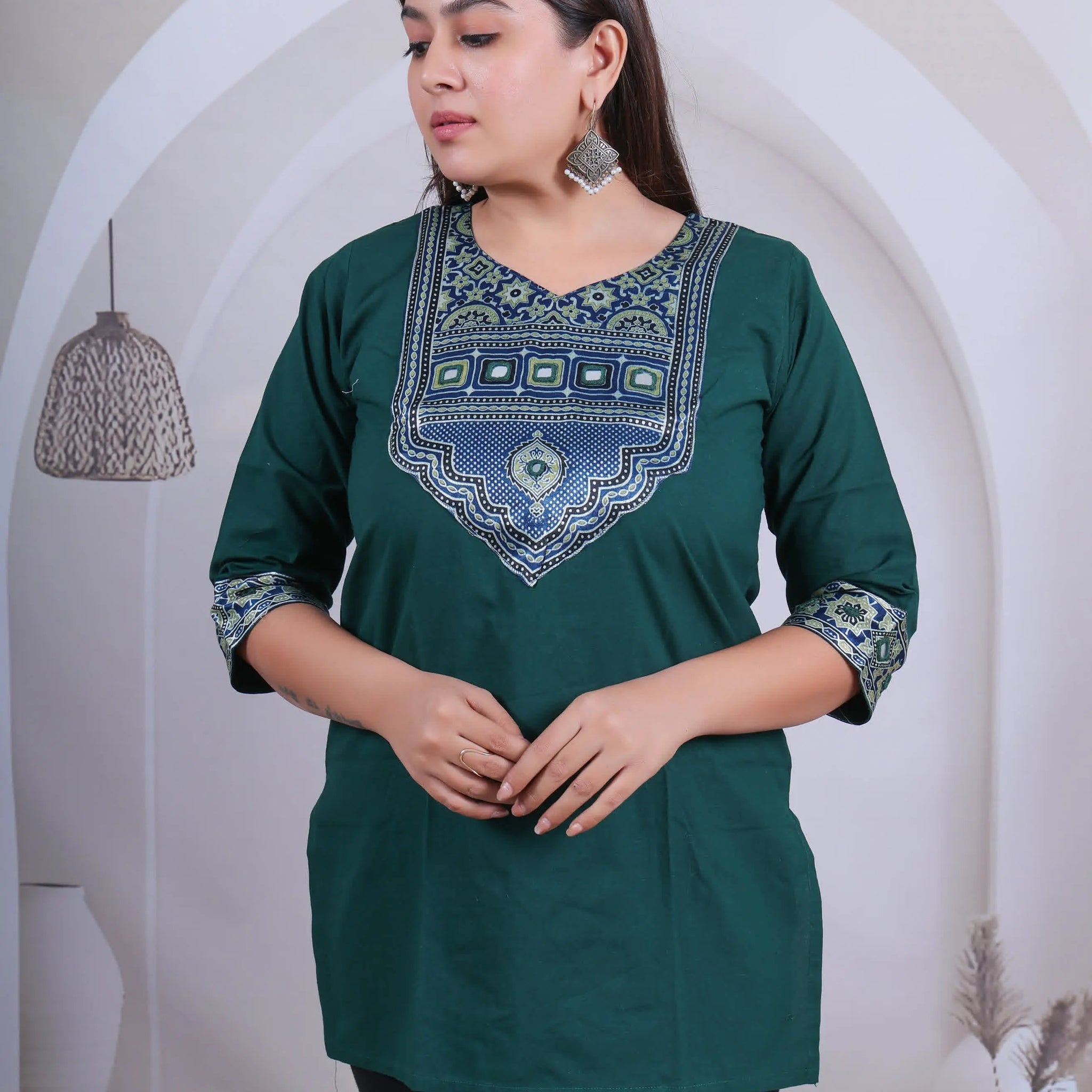 Green Kavya Ajarakh-Mirror Plain Cotton Short Top RAKHIYO