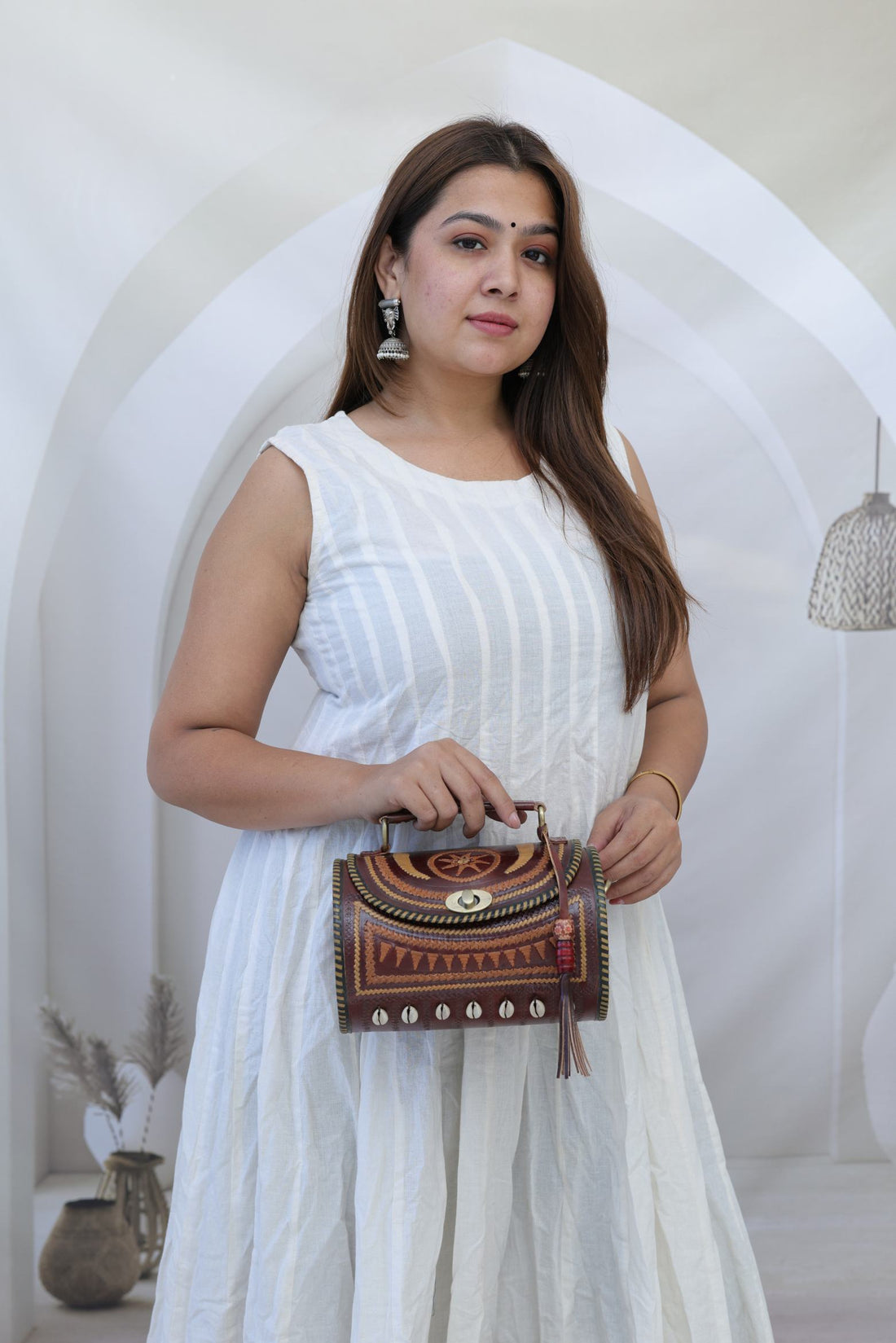 Kodi Brown Embroidered Dholak - The Leather Sling Bag