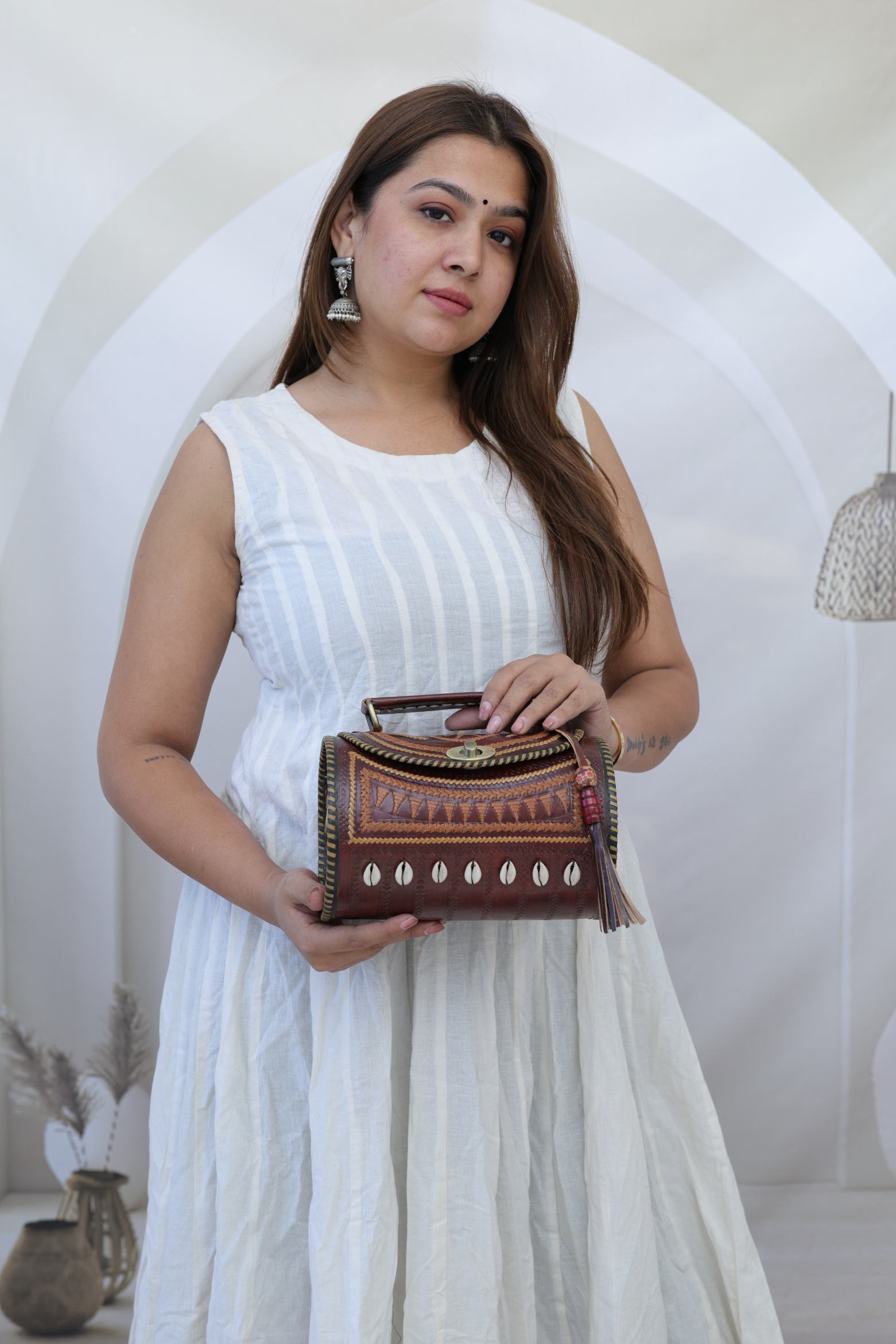 Kodi Brown Embroidered Dholak - The Leather Sling Bag