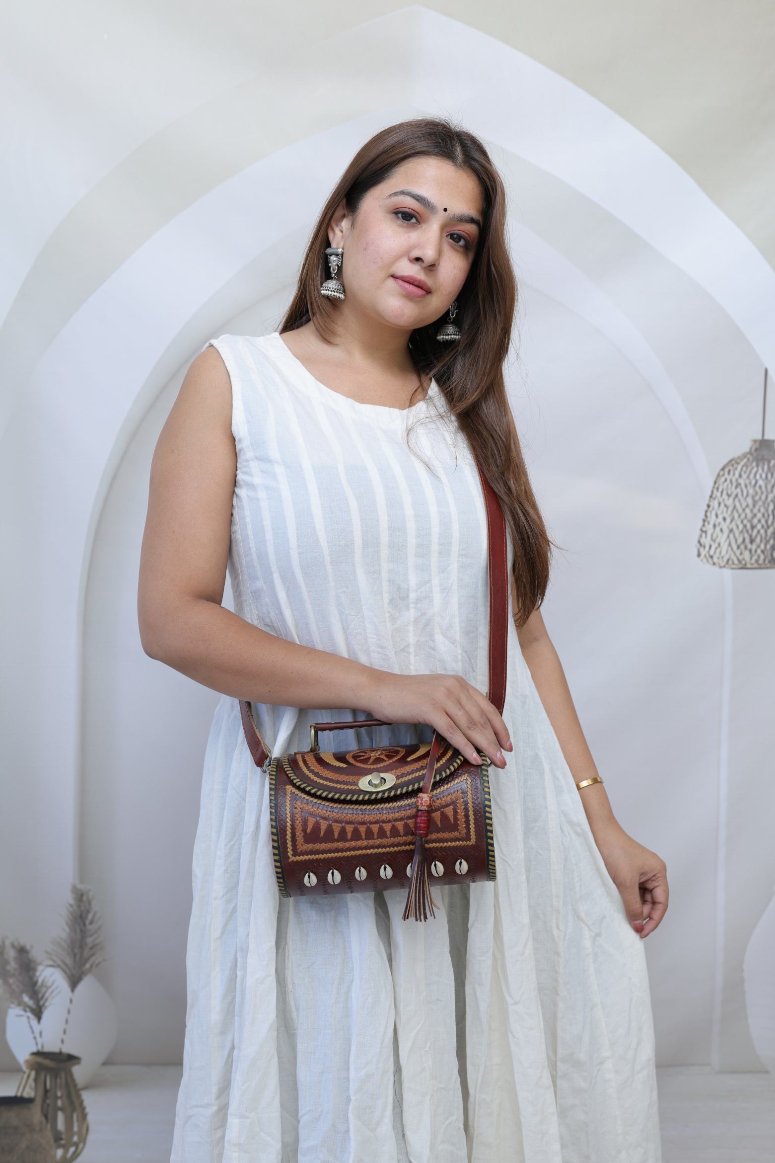 Kodi Brown Embroidered Dholak - The Leather Sling Bag