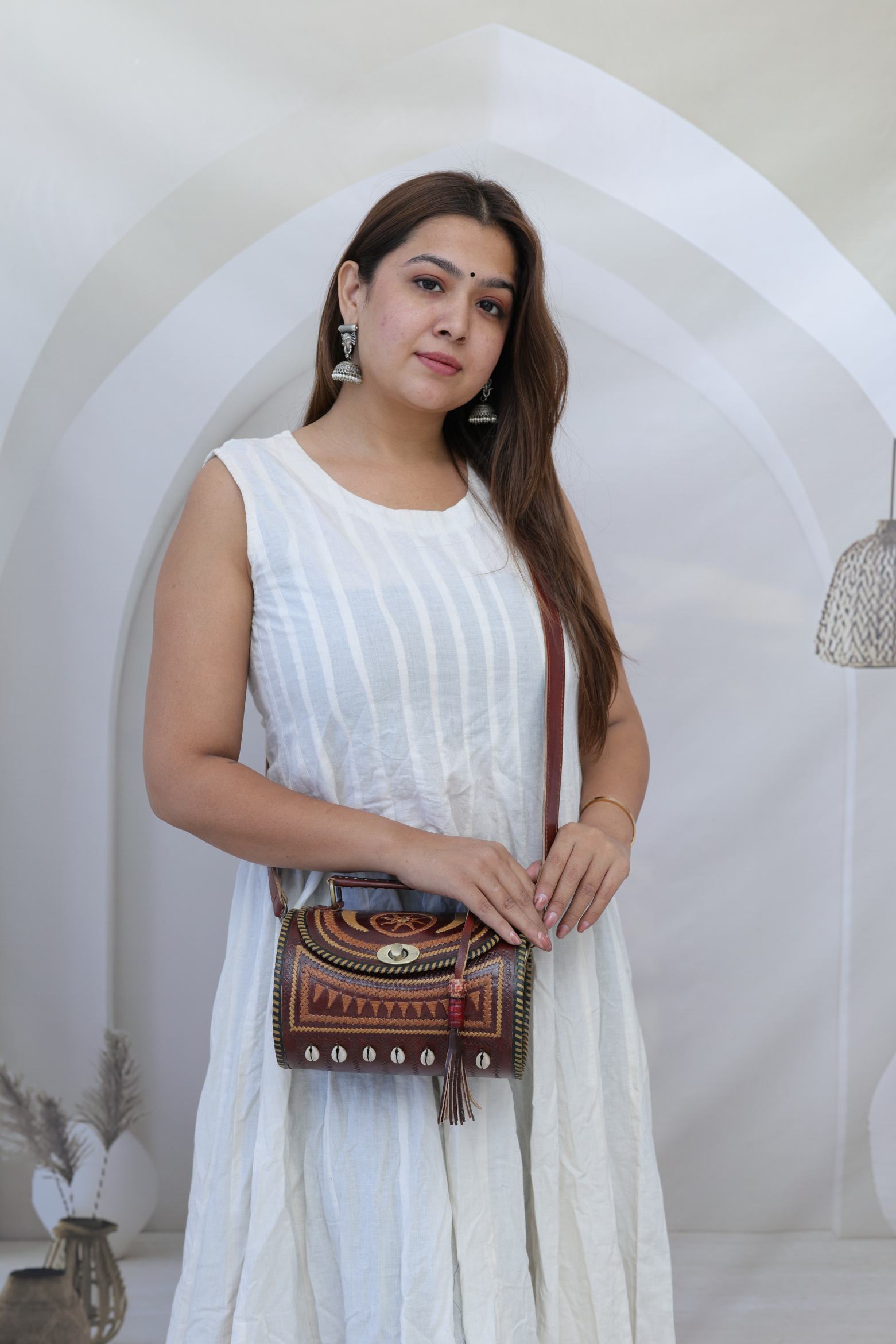 Kodi Brown Embroidered Dholak - The Leather Sling Bag