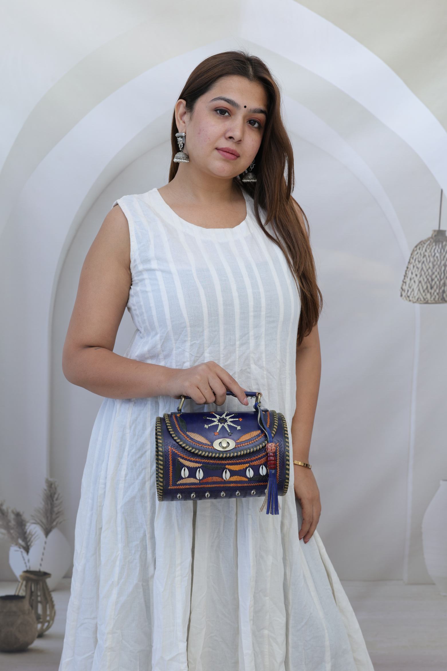 Kodi Blue Embroidered  Dholak - The Leather Sling Bag