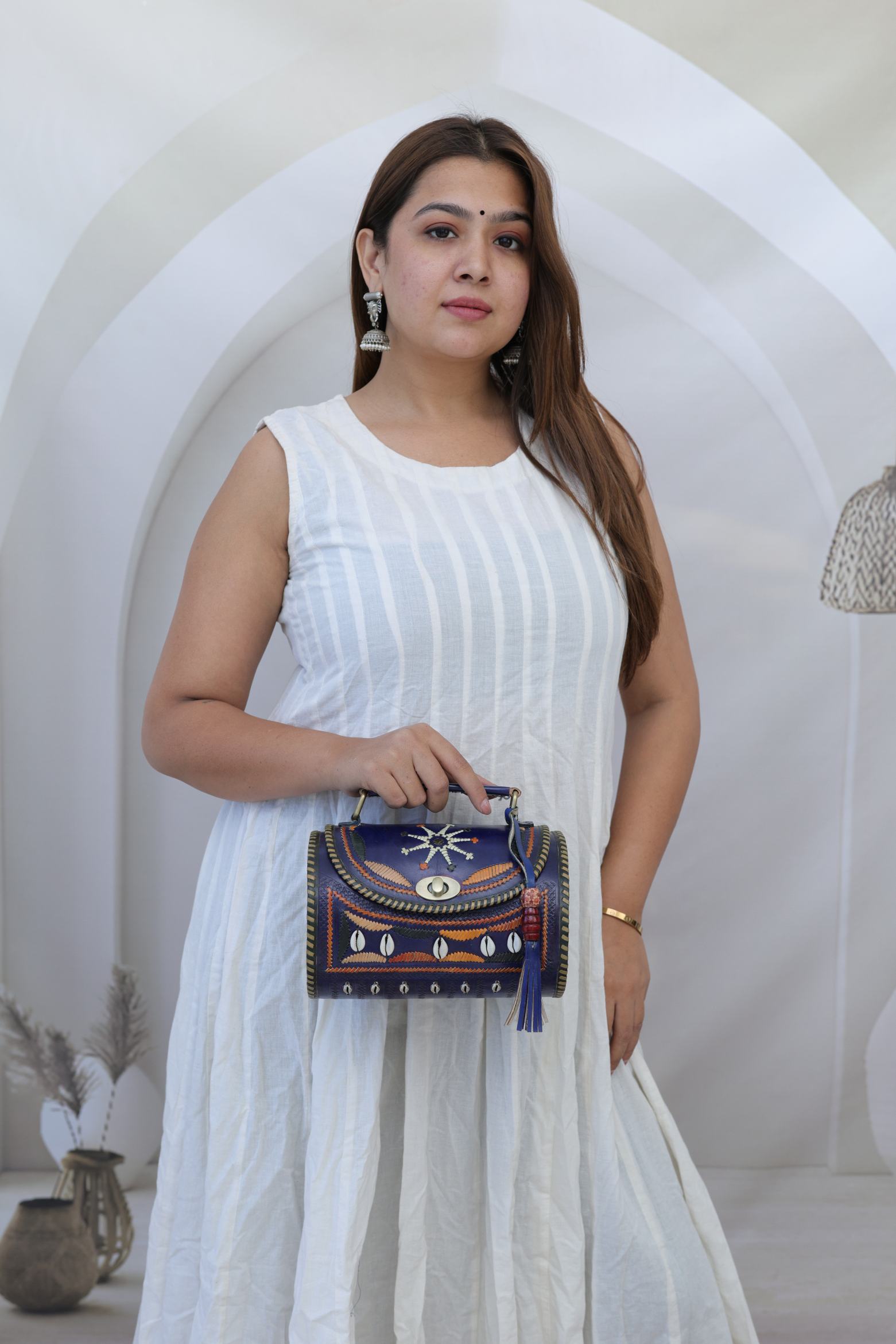 Kodi Blue Embroidered  Dholak - The Leather Sling Bag