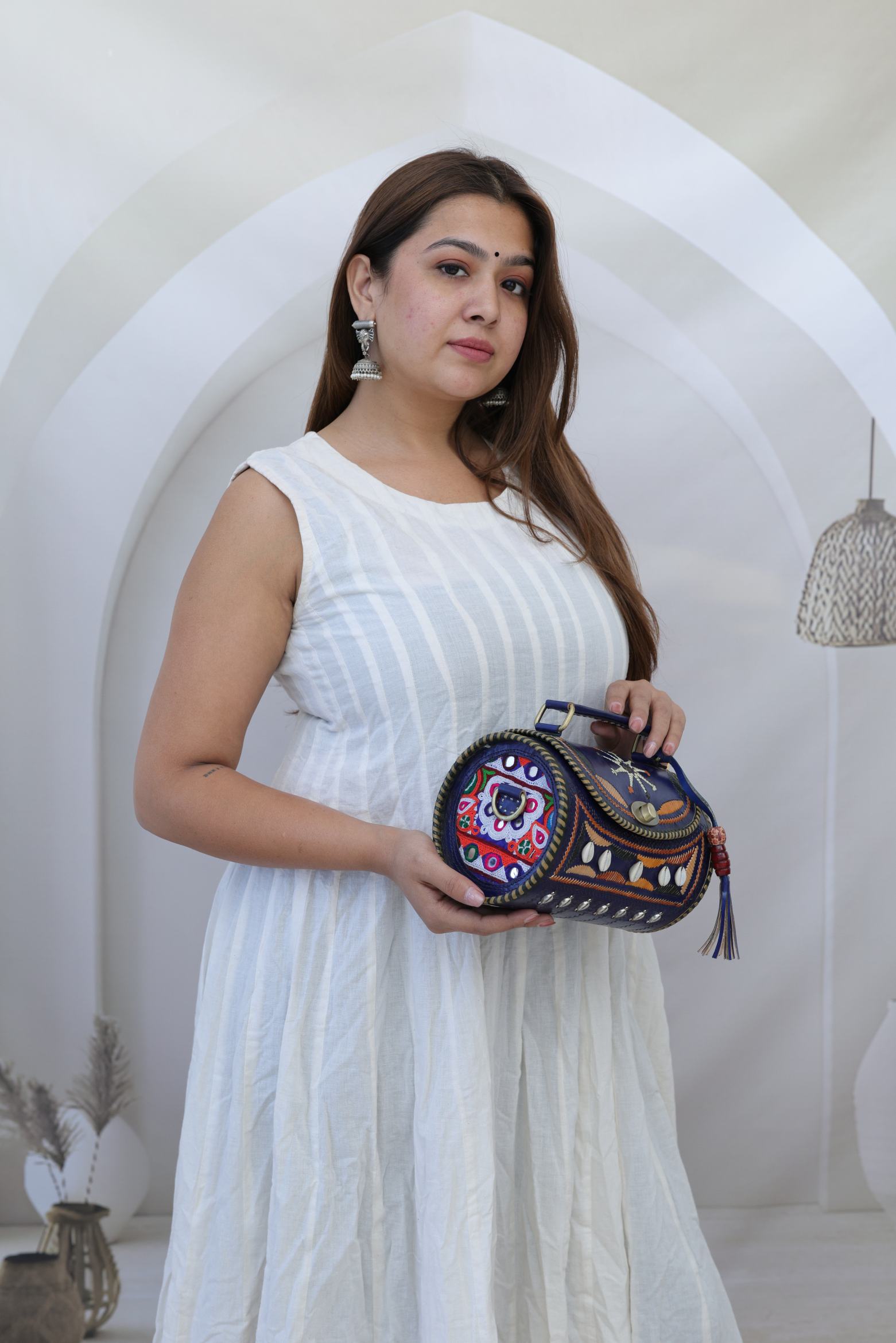 Kodi Blue Embroidered  Dholak - The Leather Sling Bag