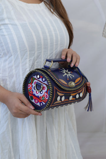 Kodi Blue Embroidered  Dholak - The Leather Sling Bag