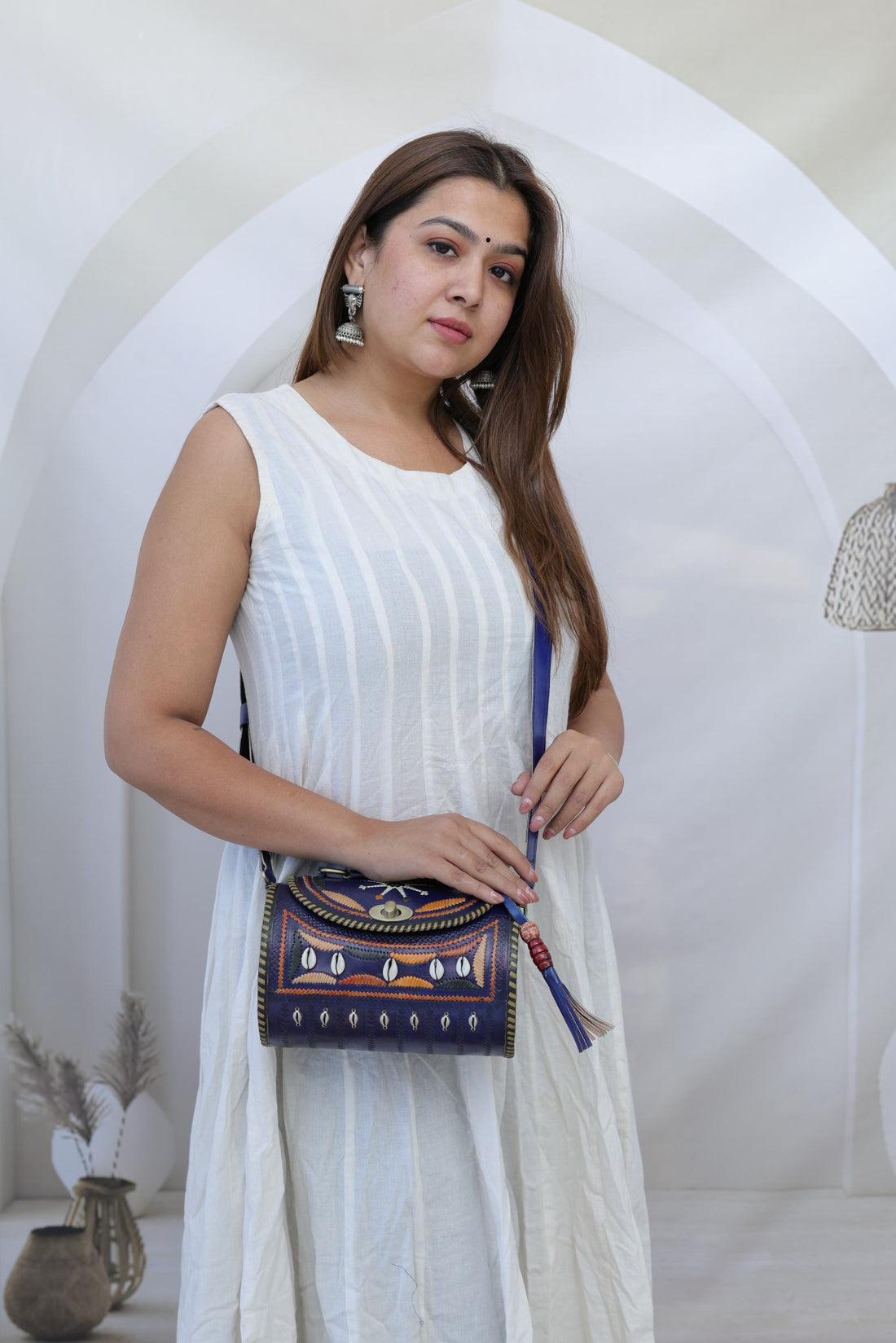 Kodi Blue Embroidered  Dholak - The Leather Sling Bag