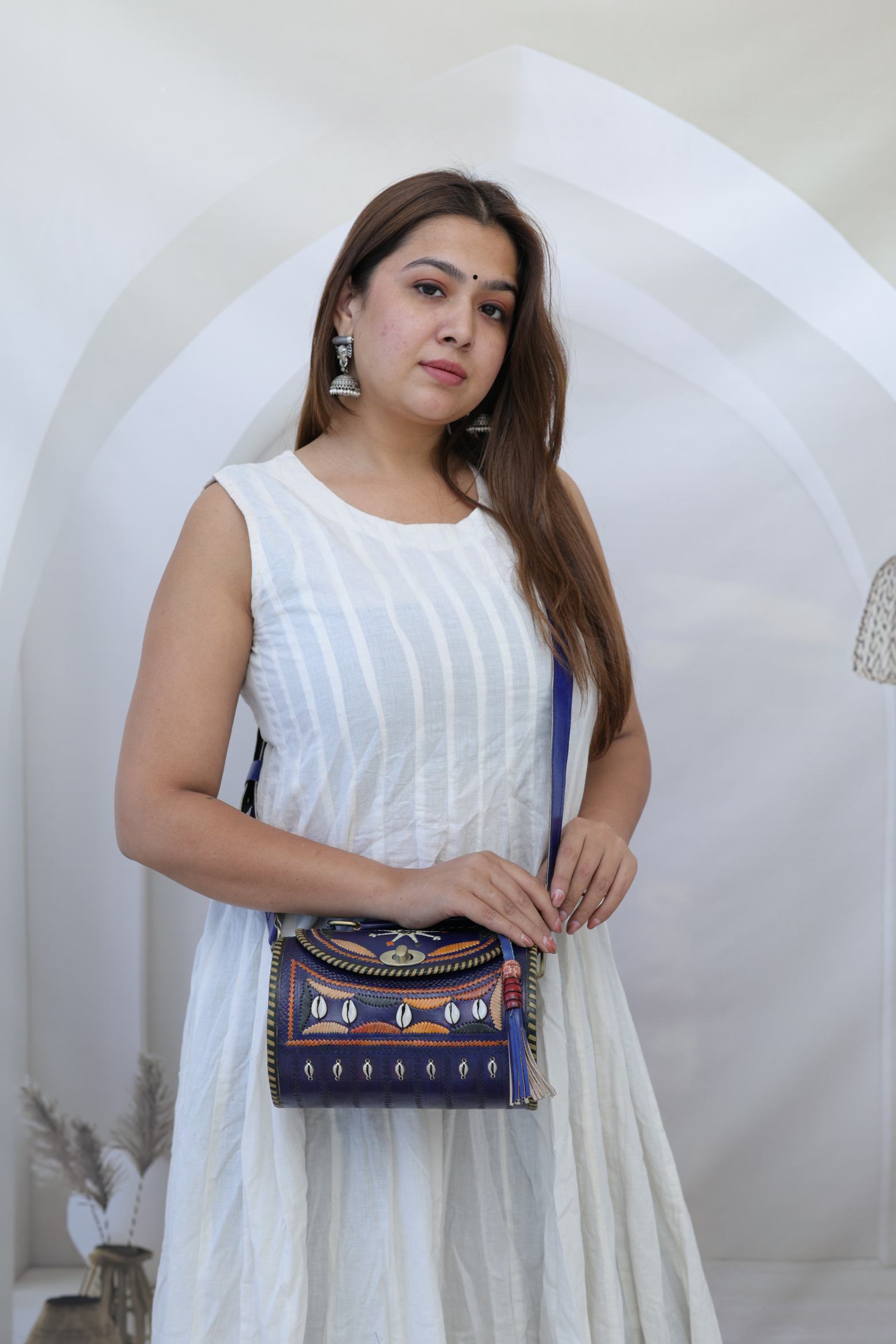 Kodi Blue Embroidered  Dholak - The Leather Sling Bag