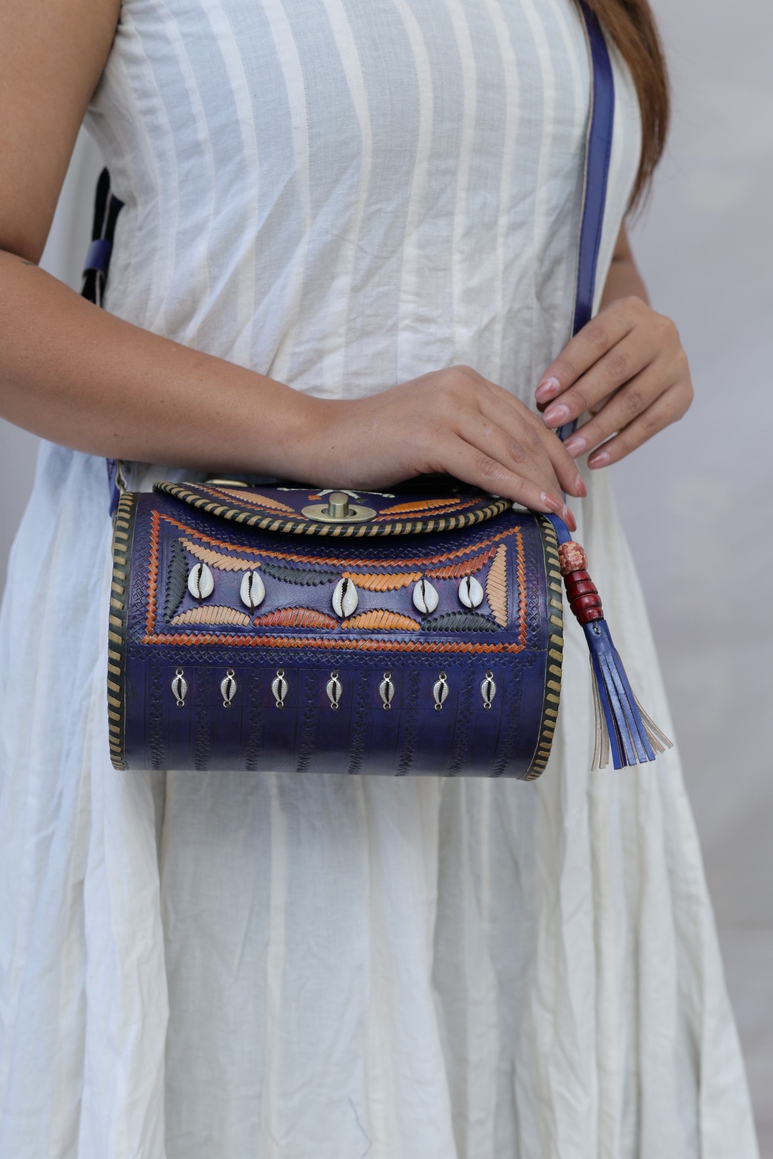 Kodi Blue Embroidered  Dholak - The Leather Sling Bag