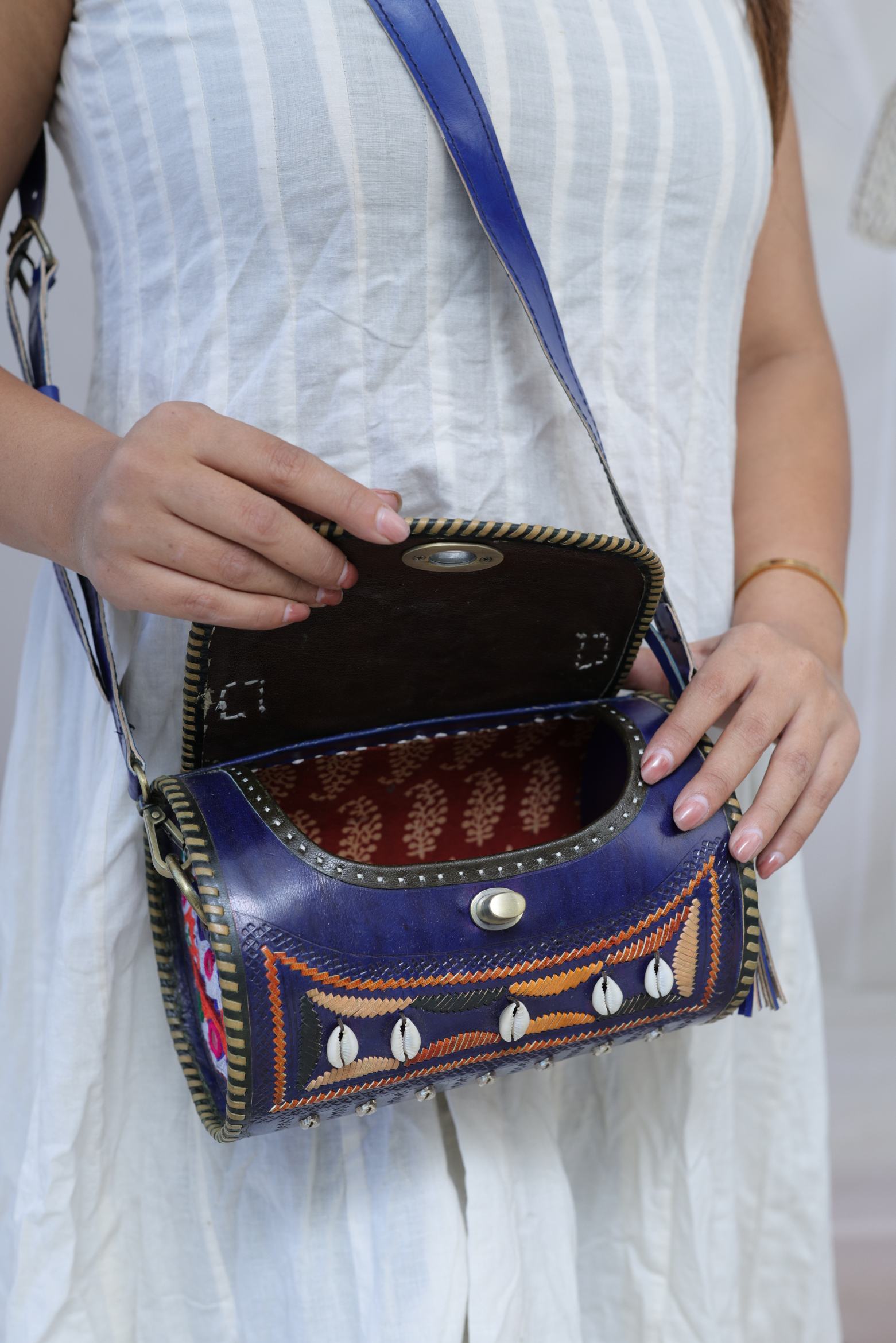 Kodi Blue Embroidered  Dholak - The Leather Sling Bag