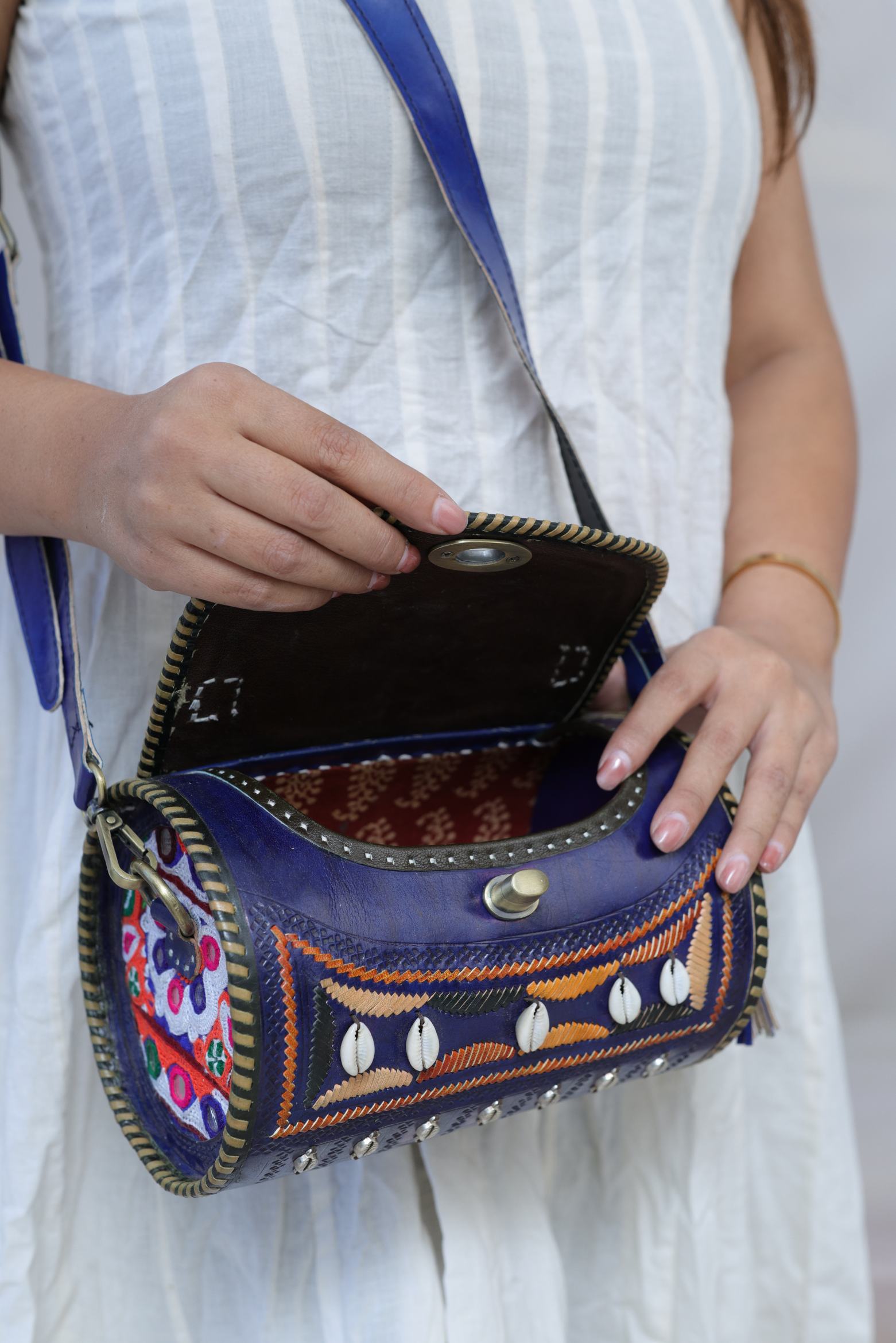Kodi Blue Embroidered  Dholak - The Leather Sling Bag