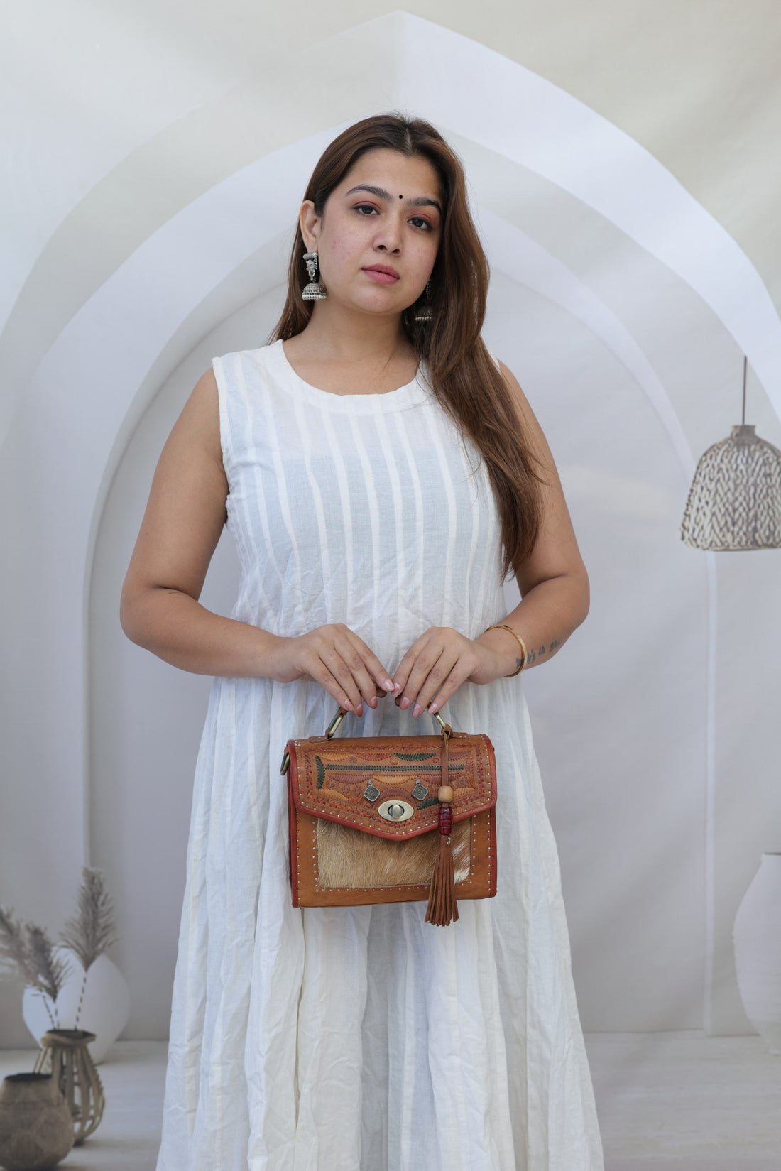 Kutchhi Fur Embroidered Hut - The Leather Sling Bag