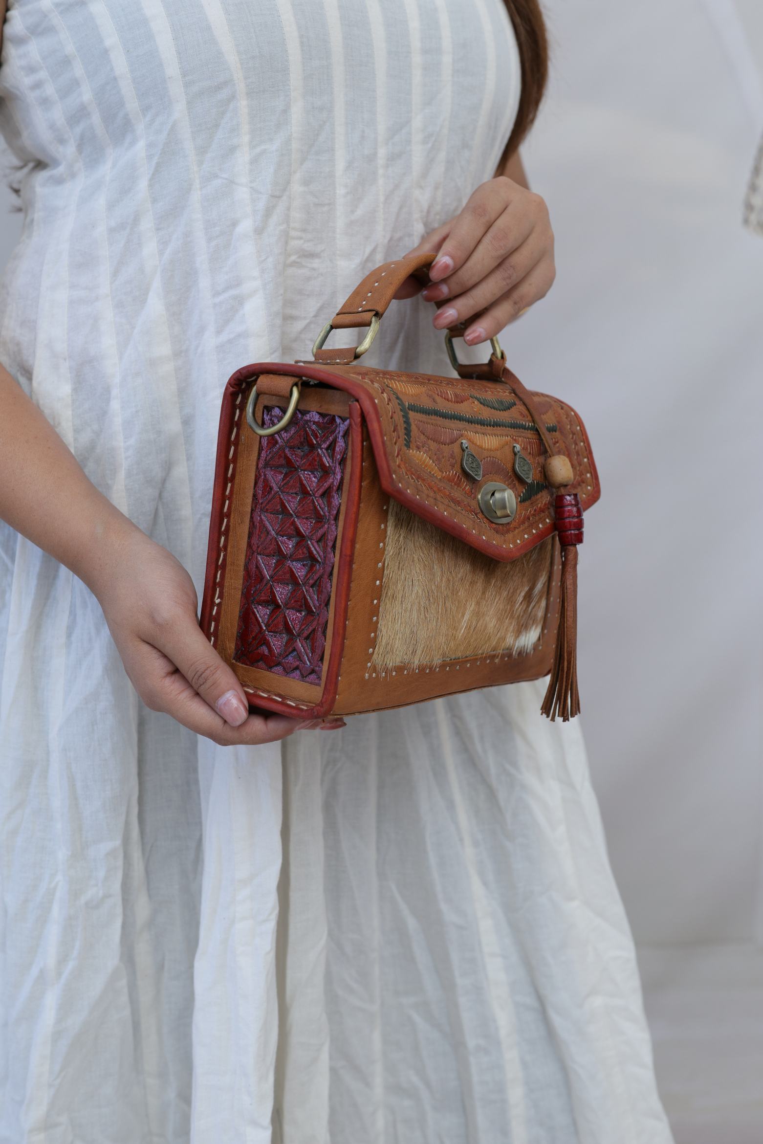 Kutchhi Fur Embroidered Hut - The Leather Sling Bag