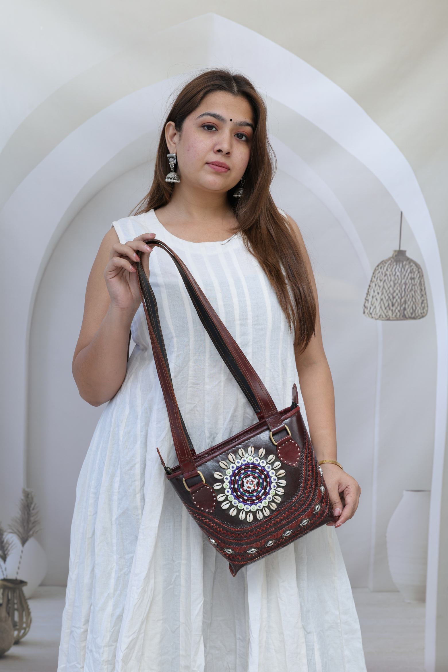 Round Bead & Kodi Embroidered- The Leather Mini Tote Bag