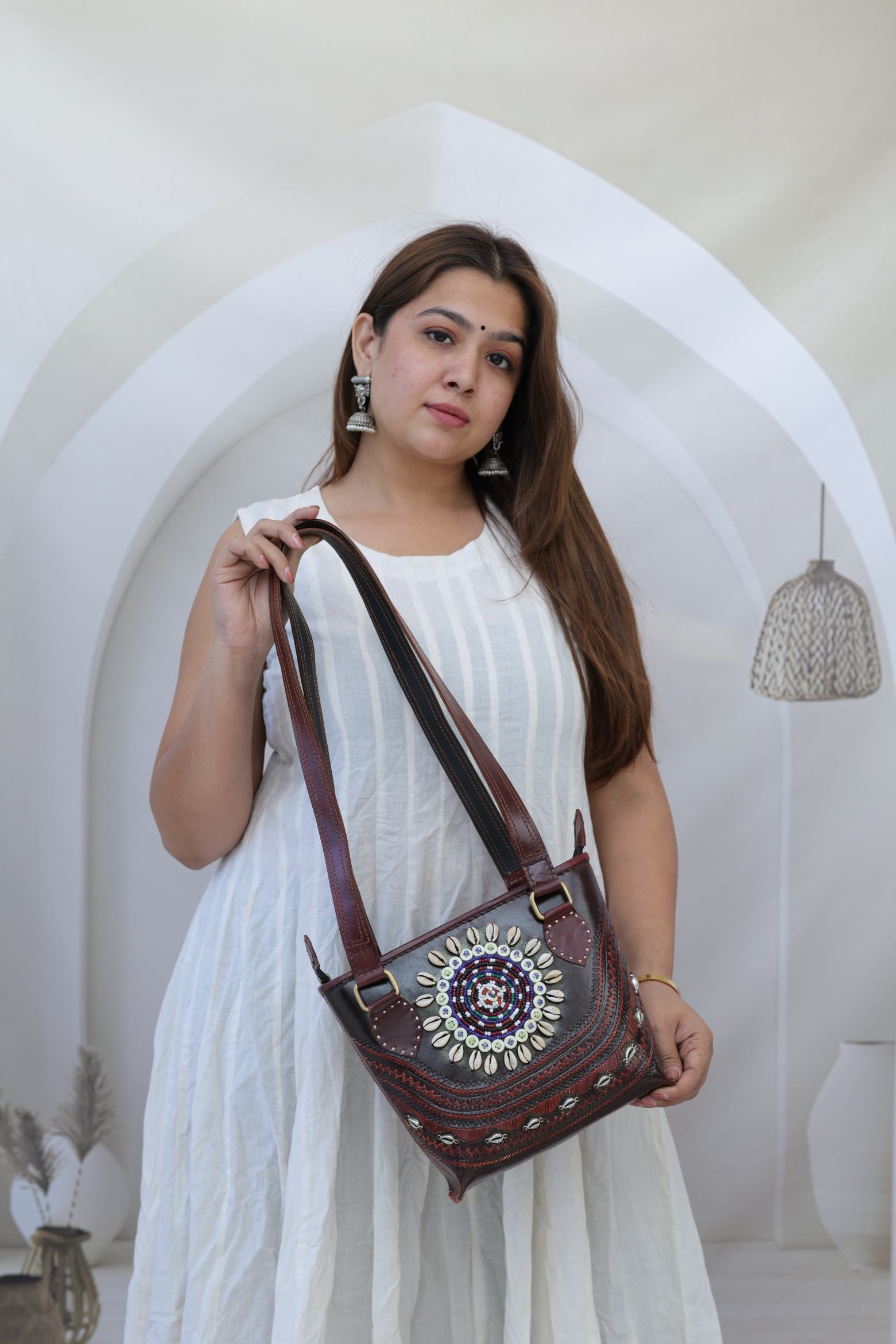Round Bead & Kodi Embroidered- The Leather Mini Tote Bag