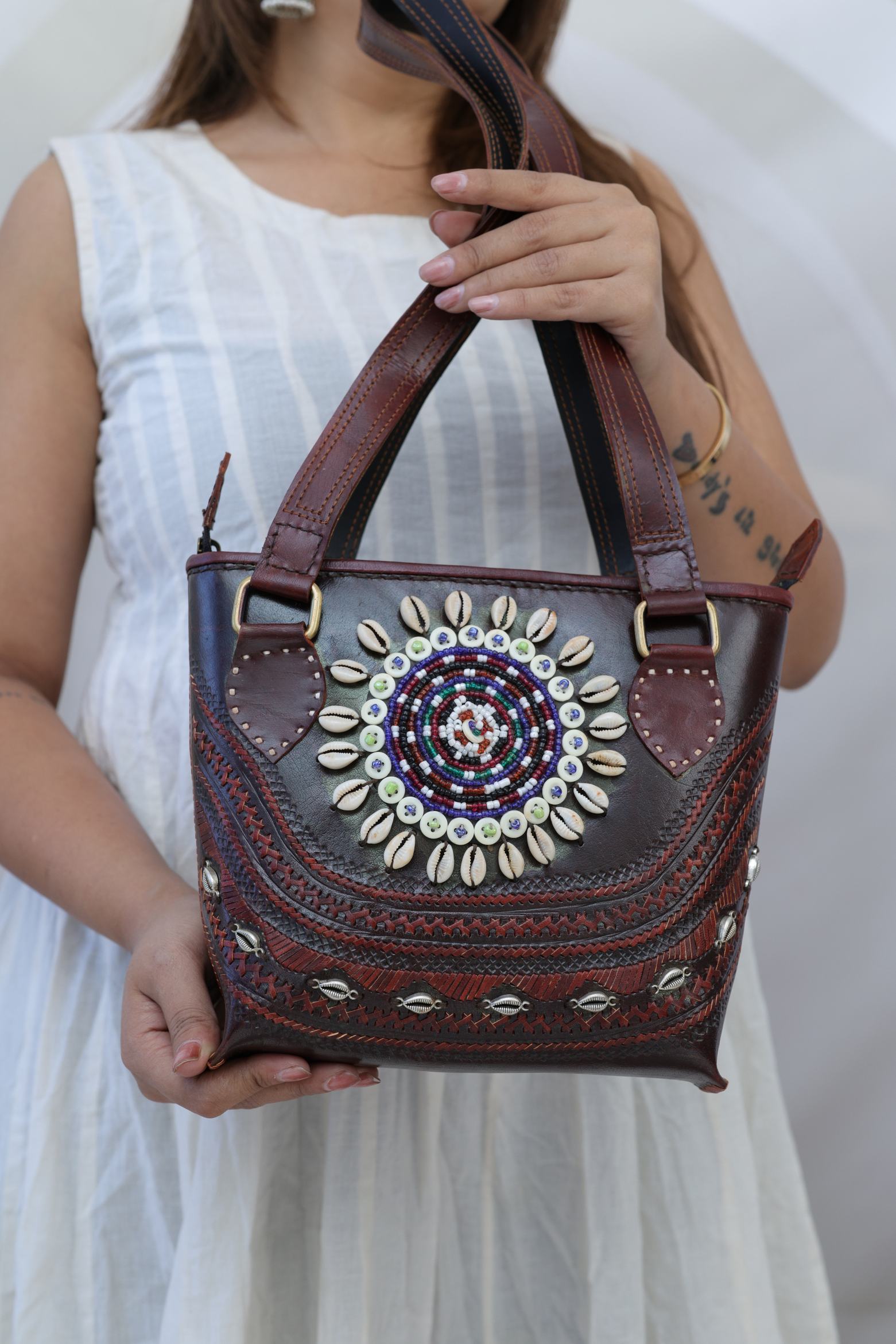 Round Bead & Kodi Embroidered- The Leather Mini Tote Bag