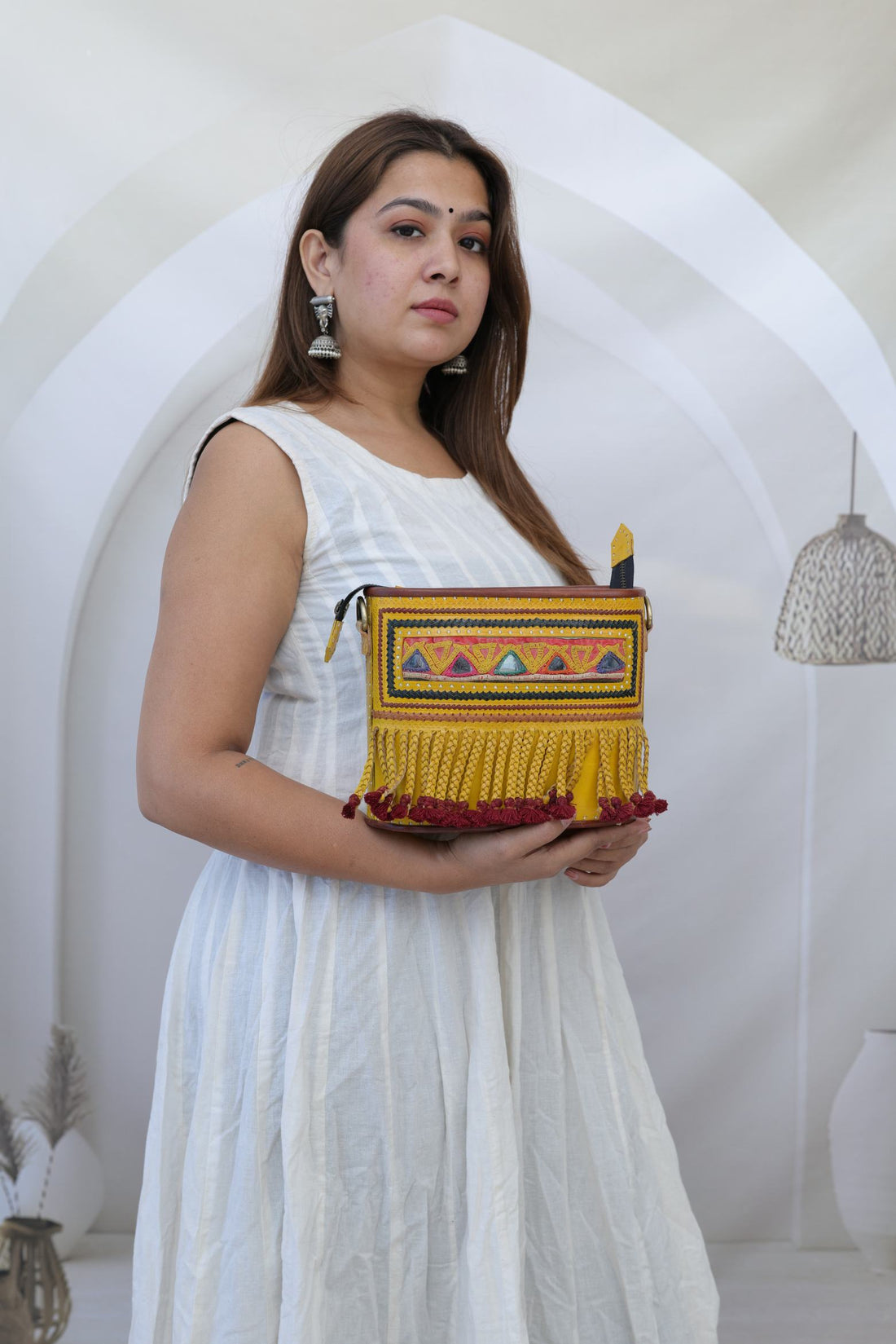 Fumka & Kutchhi Yellow Embroidered- The Boho Leather Sling Bag