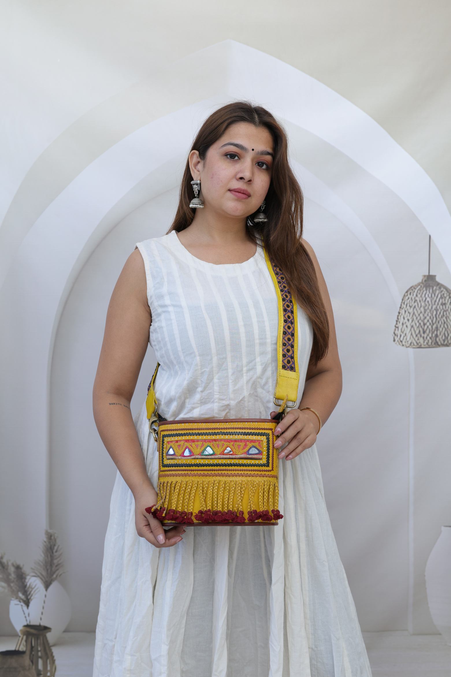 Fumka & Kutchhi Yellow Embroidered- The Boho Leather Sling Bag