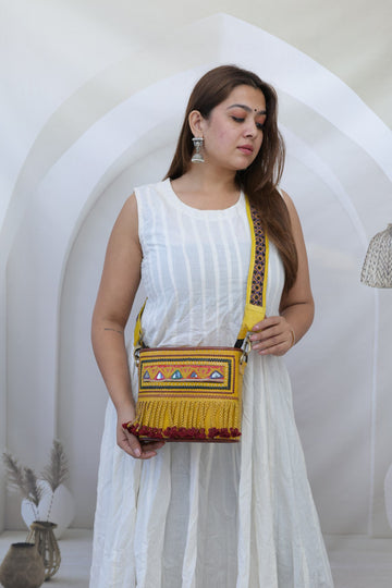 Fumka & Kutchhi Yellow Embroidered- The Boho Leather Sling Bag