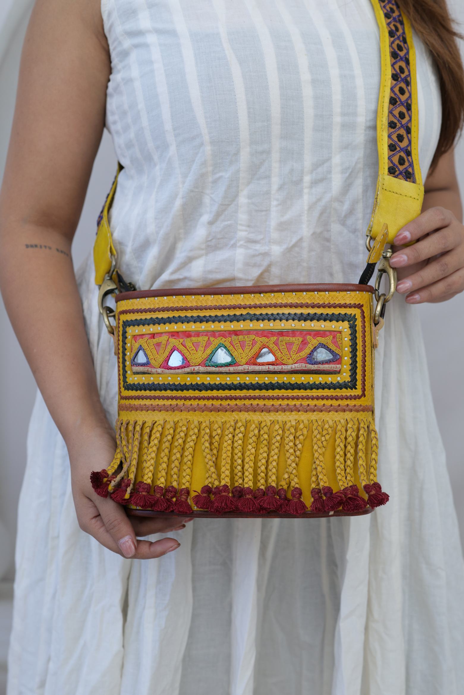 Fumka & Kutchhi Yellow Embroidered- The Boho Leather Sling Bag