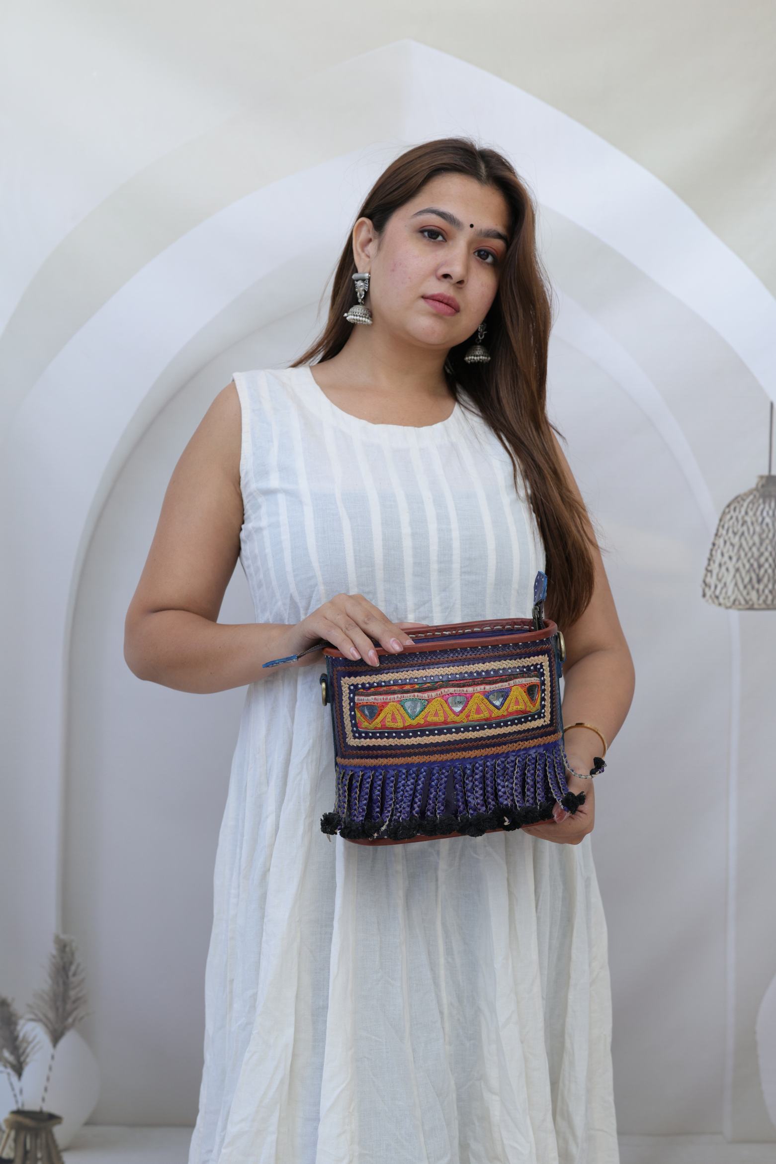 Fumka & Kutchhi Blue Embroidered- The Boho Leather Sling Bag