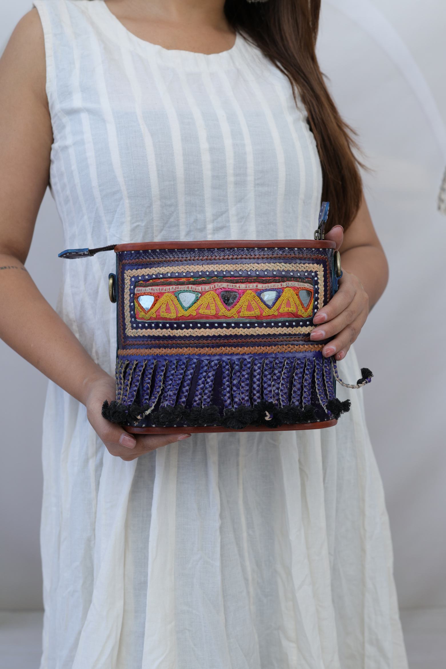 Fumka & Kutchhi Blue Embroidered- The Boho Leather Sling Bag