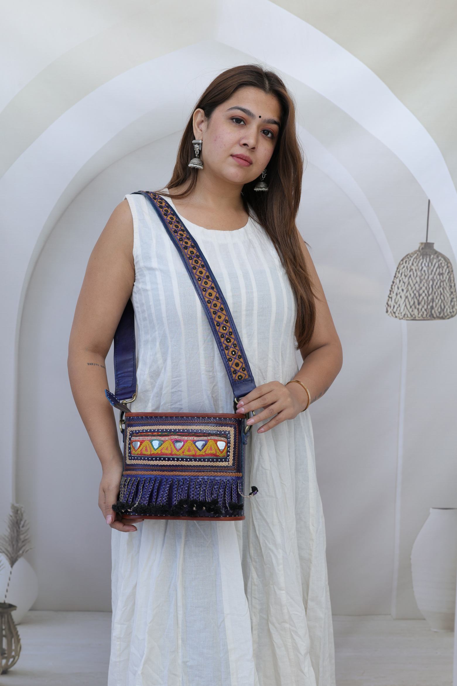 Fumka & Kutchhi Blue Embroidered- The Boho Leather Sling Bag