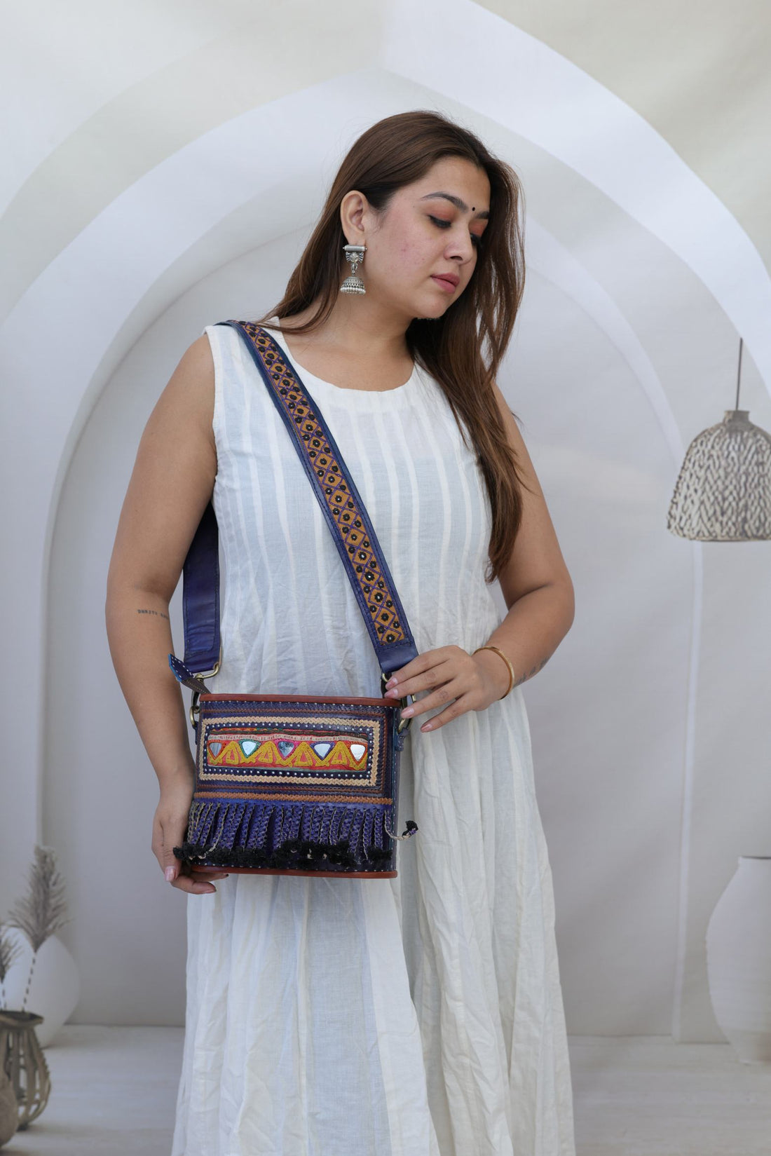Fumka & Kutchhi Blue Embroidered- The Boho Leather Sling Bag