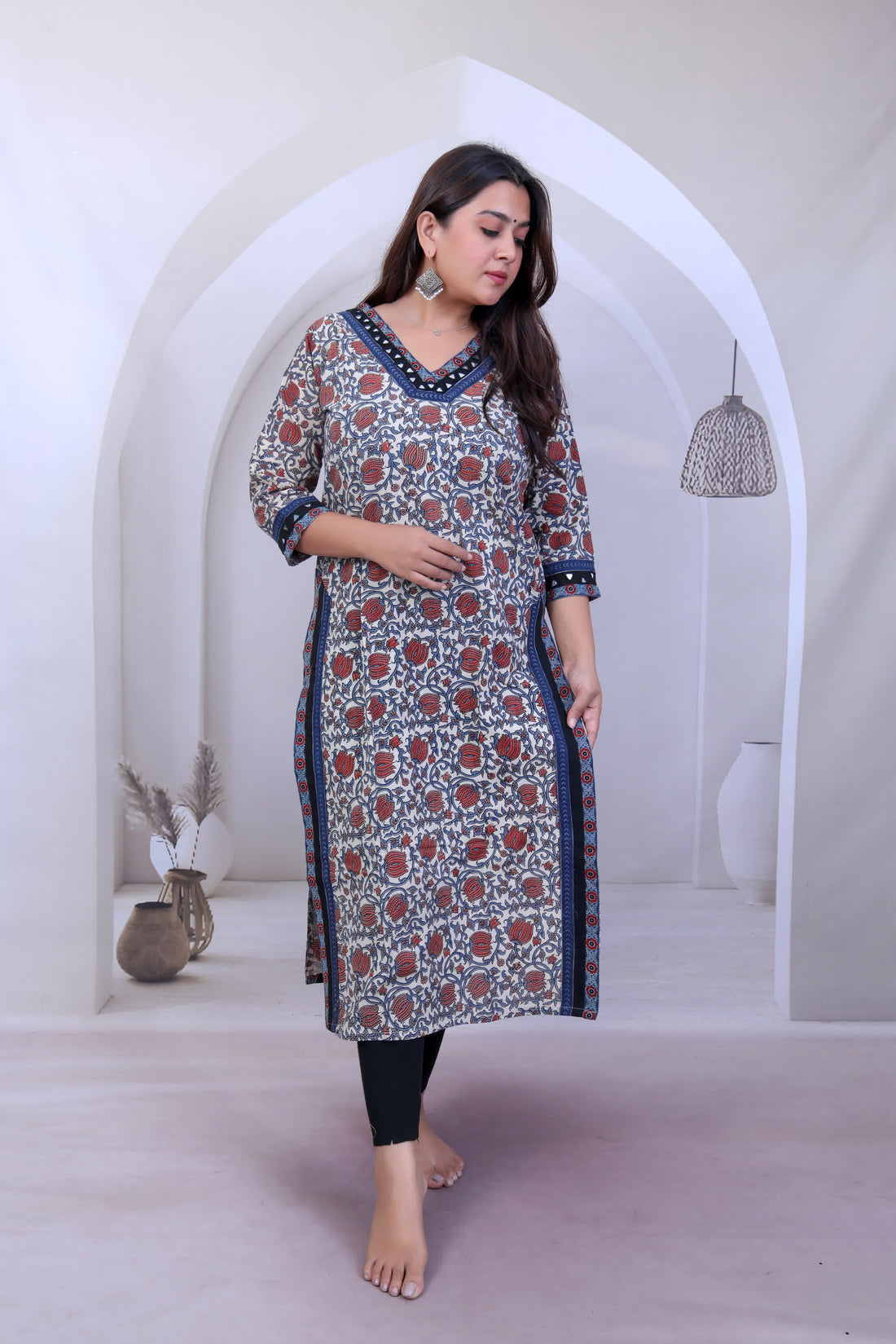 Devika Lotus Ajarakh Mirror Cotton Straight Kurti