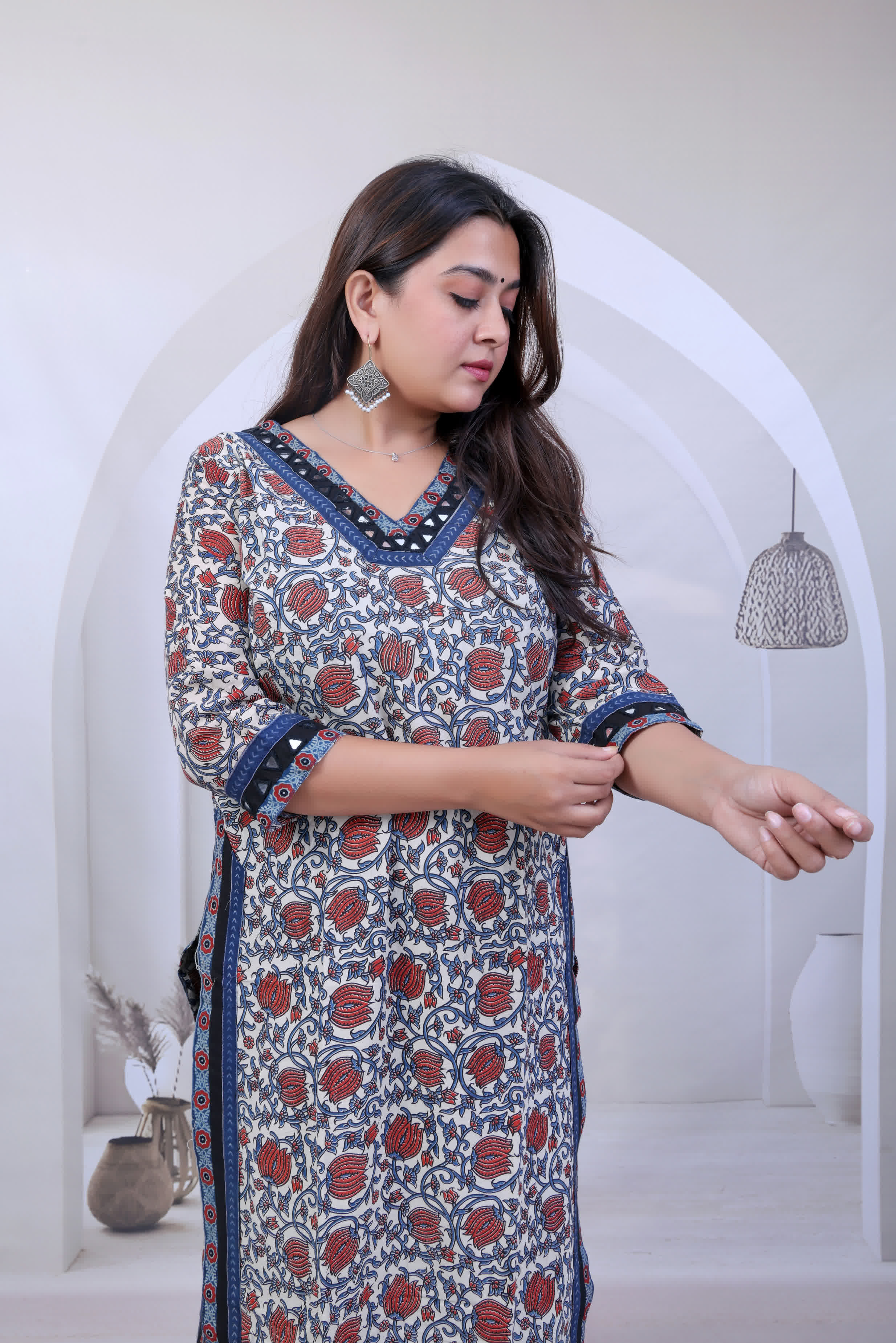 Devika Lotus Ajarakh Mirror Cotton Straight Kurti