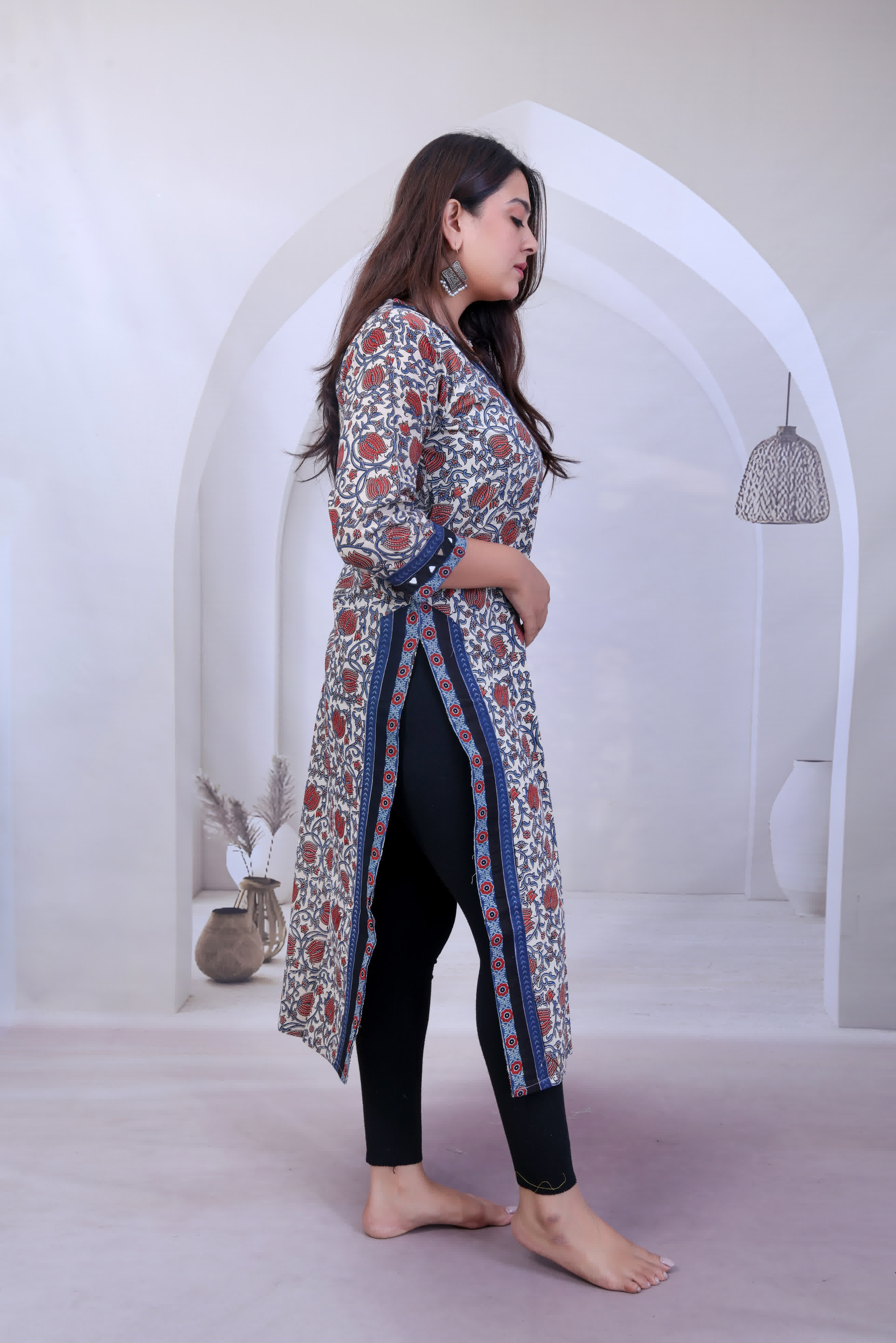 Devika Lotus Ajarakh Mirror Cotton Straight Kurti
