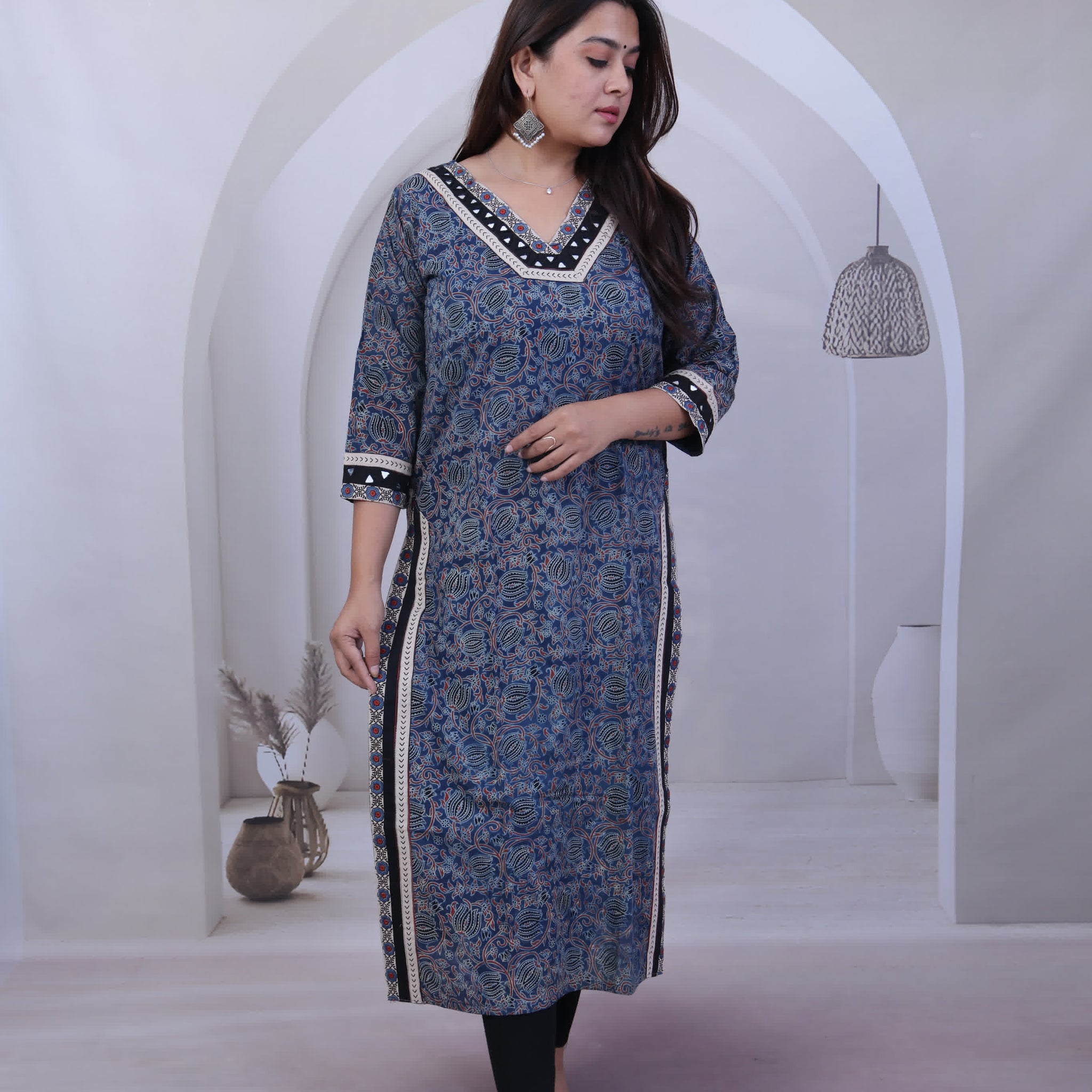 Devika Lotus Ajarakh Mirror Cotton Straight Kurti