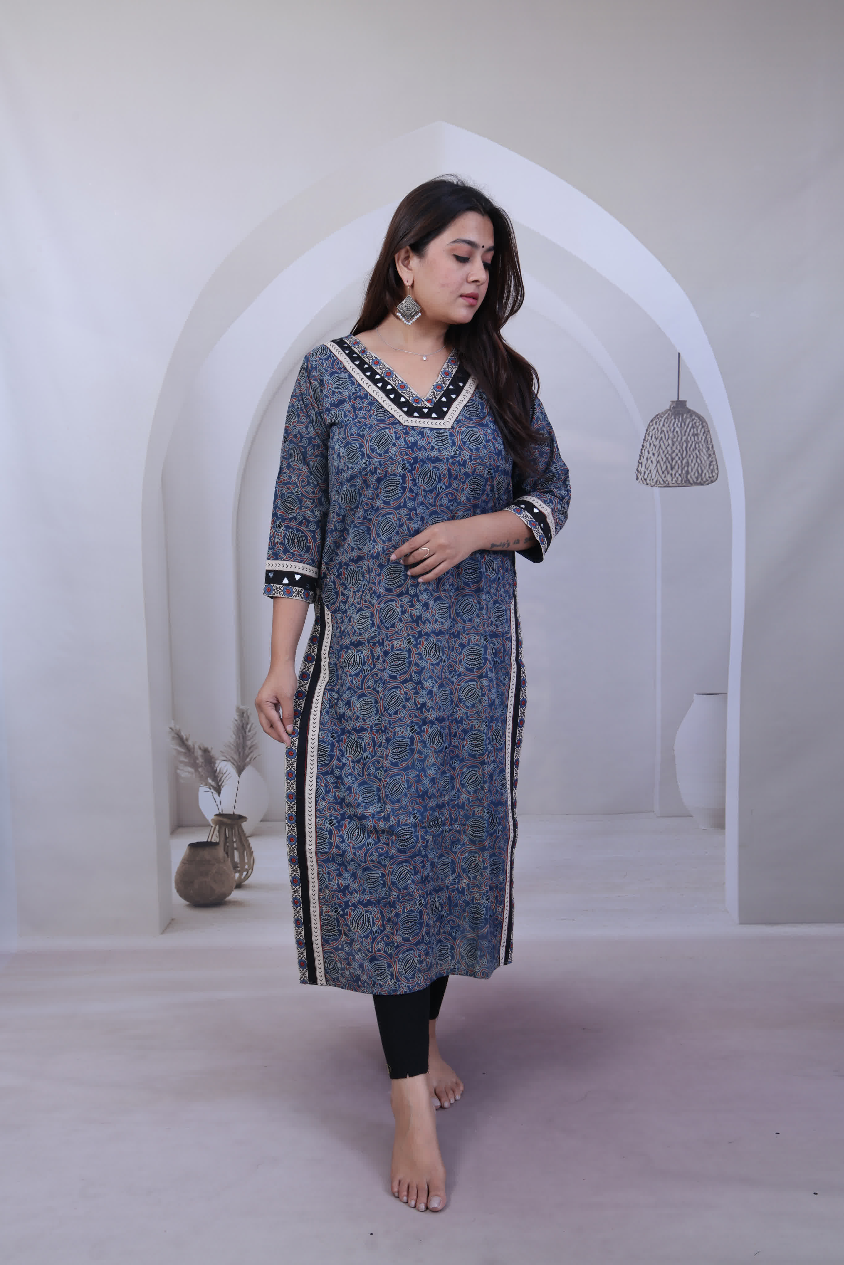 Devika Lotus Ajarakh Mirror Cotton Straight Kurti
