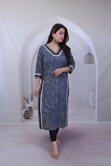 Devika Lotus Ajarakh Mirror Cotton Straight Kurti