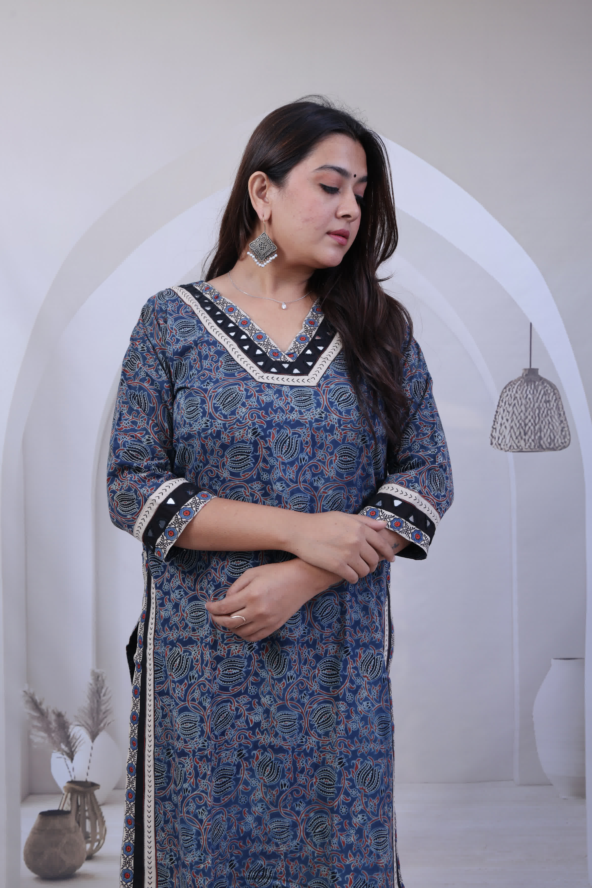Devika Lotus Ajarakh Mirror Cotton Straight Kurti