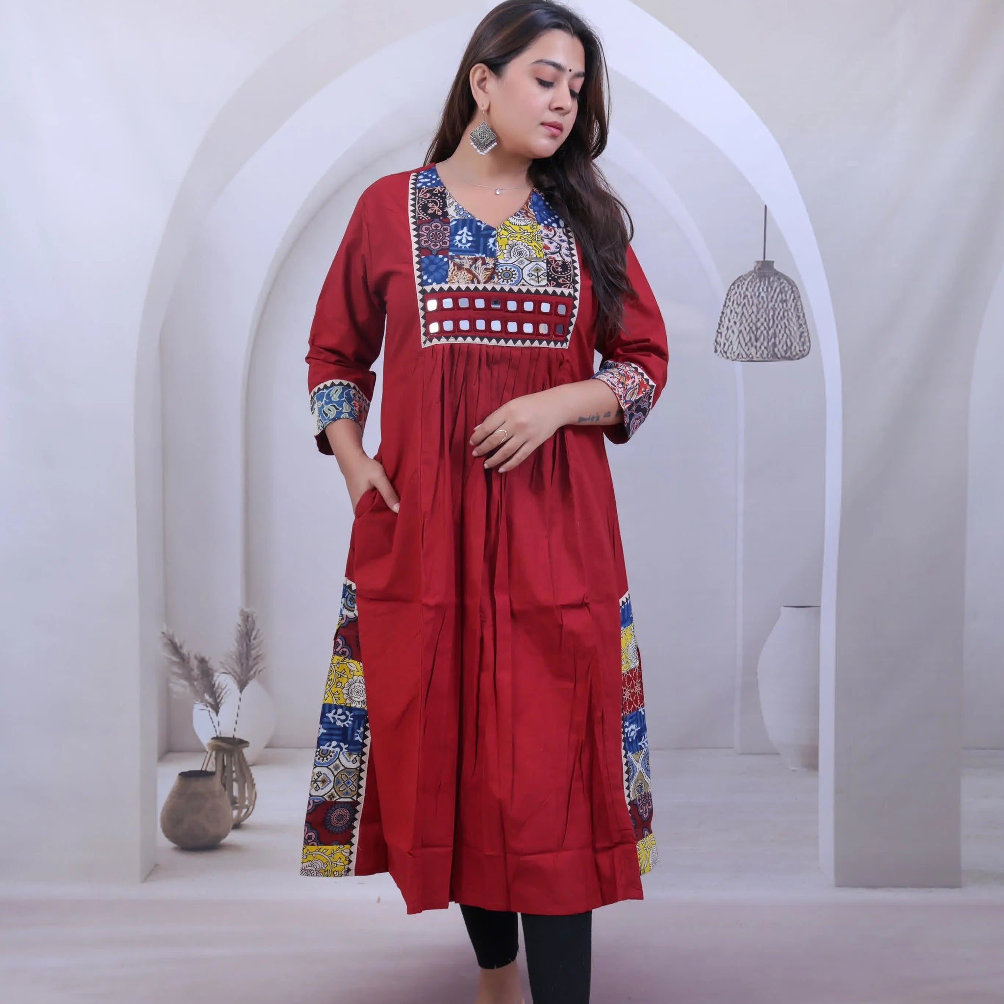Eva Maroon Patchwork & Mirrorwork Cotton Kurti/One Piece RAKHIYO