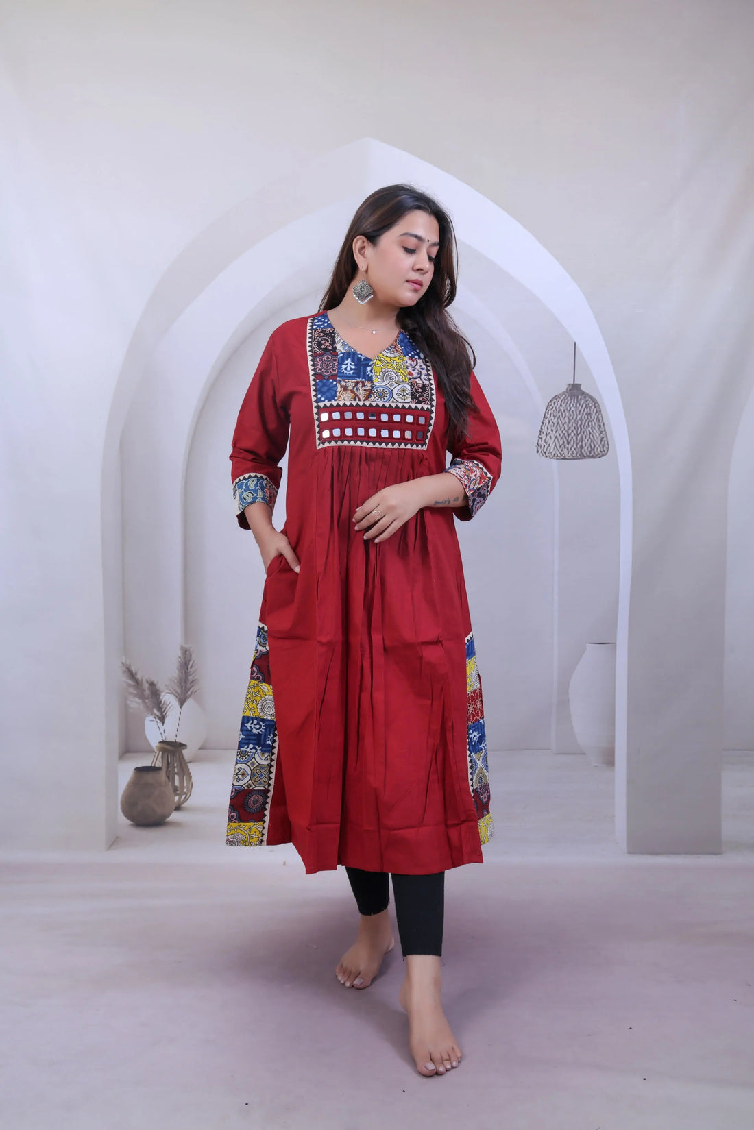 Eva Maroon Patchwork & Mirrorwork Cotton Kurti/One Piece RAKHIYO