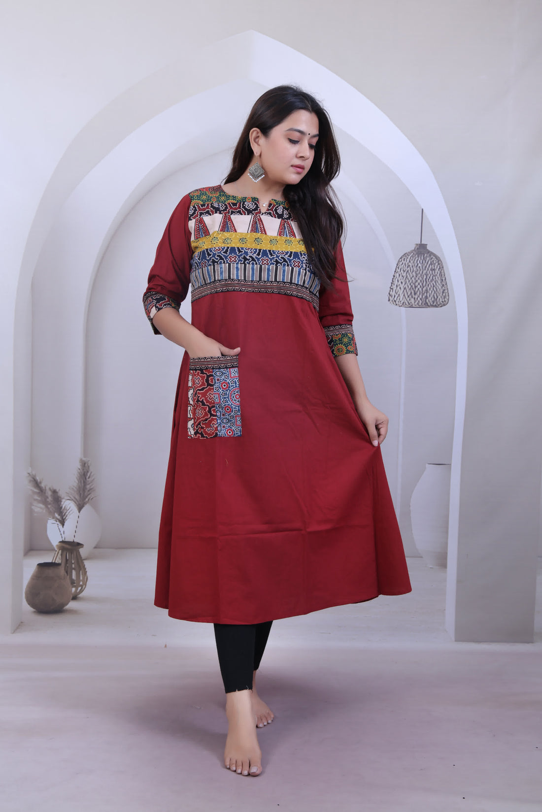 Arshvi Multi Ajarakh Maroon Cotton Pocket Kurti