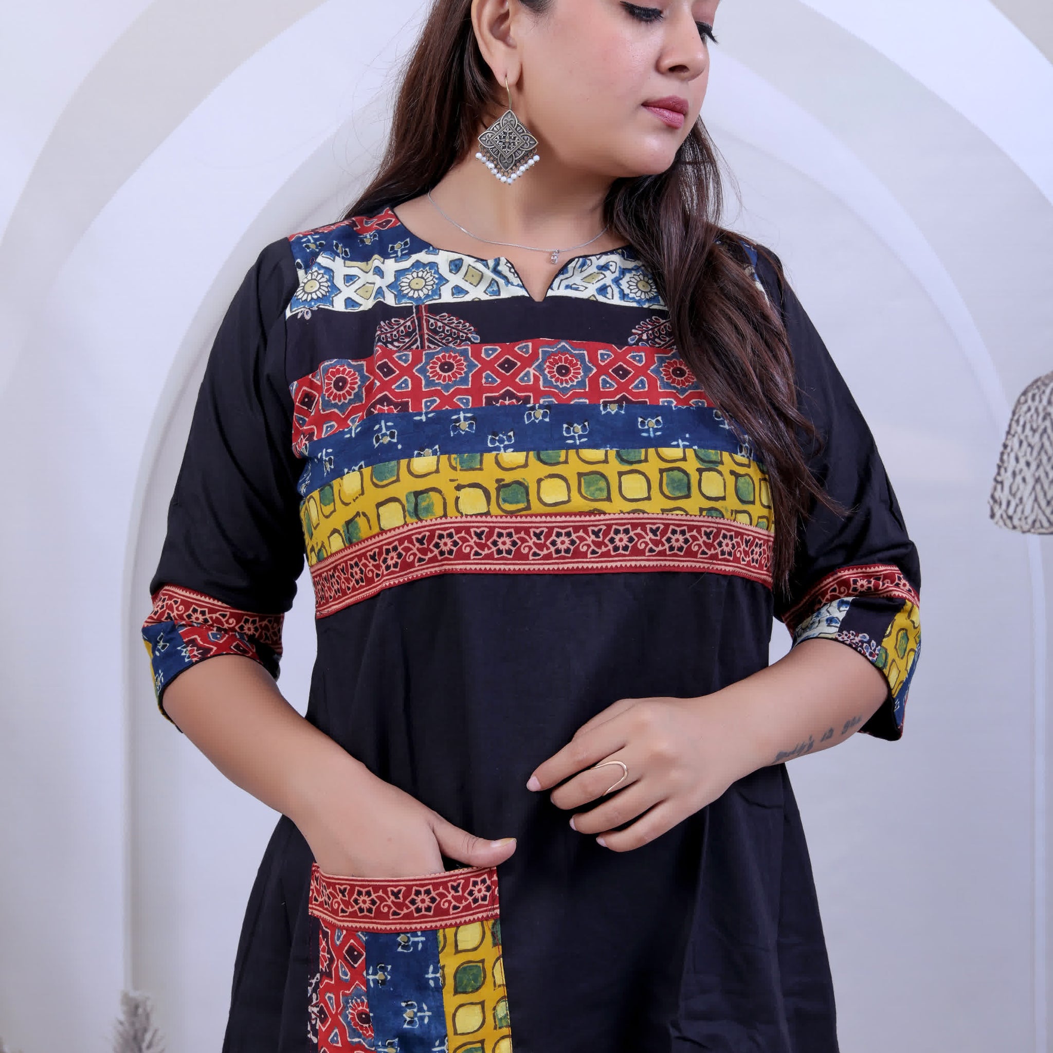 Arshvi Multy Ajarakh Black Cotton Pocket Kurti